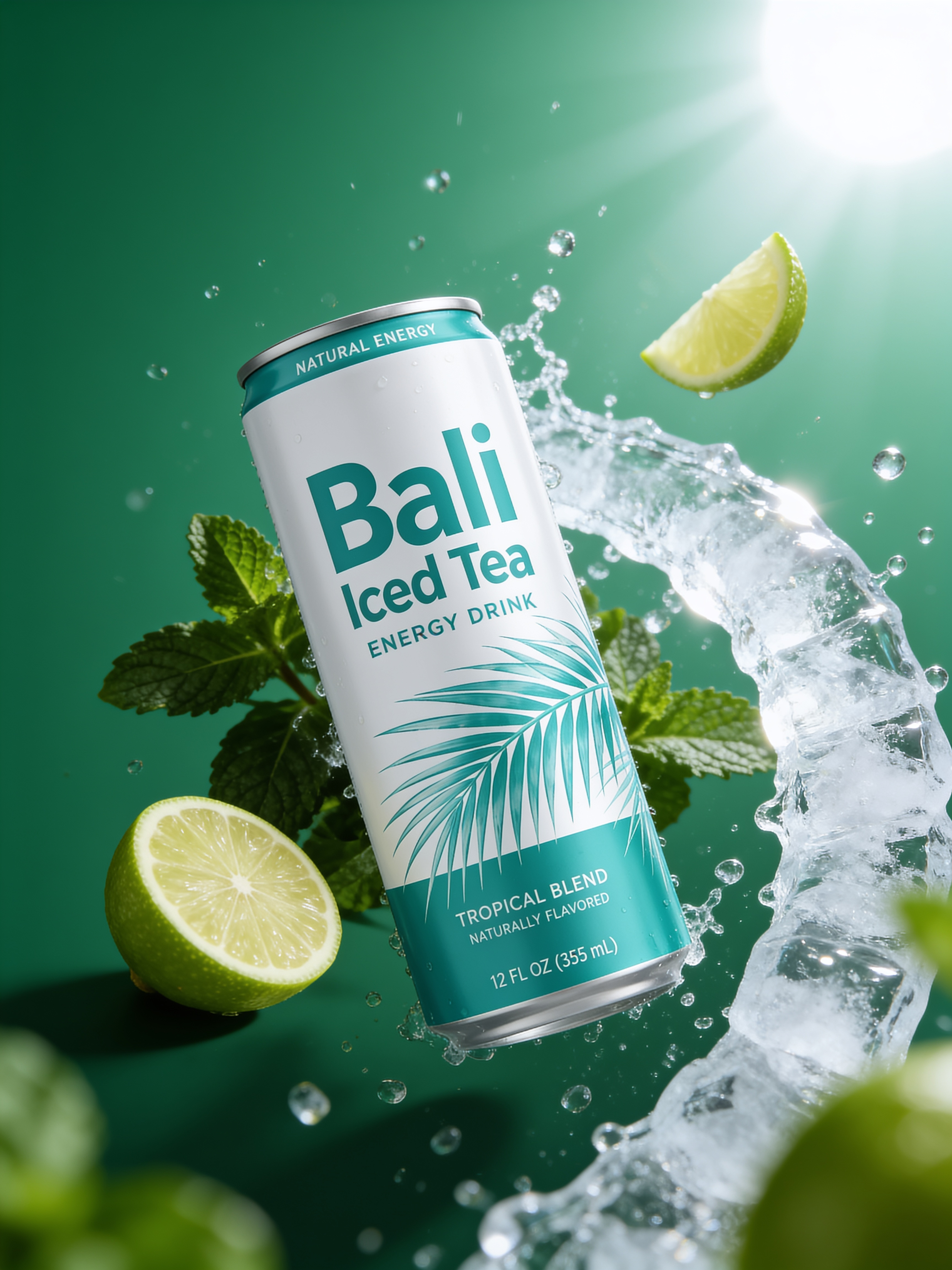 Getränkedose mit Wasserspritzer, Limetten und Minze vor grünem Hintergrund