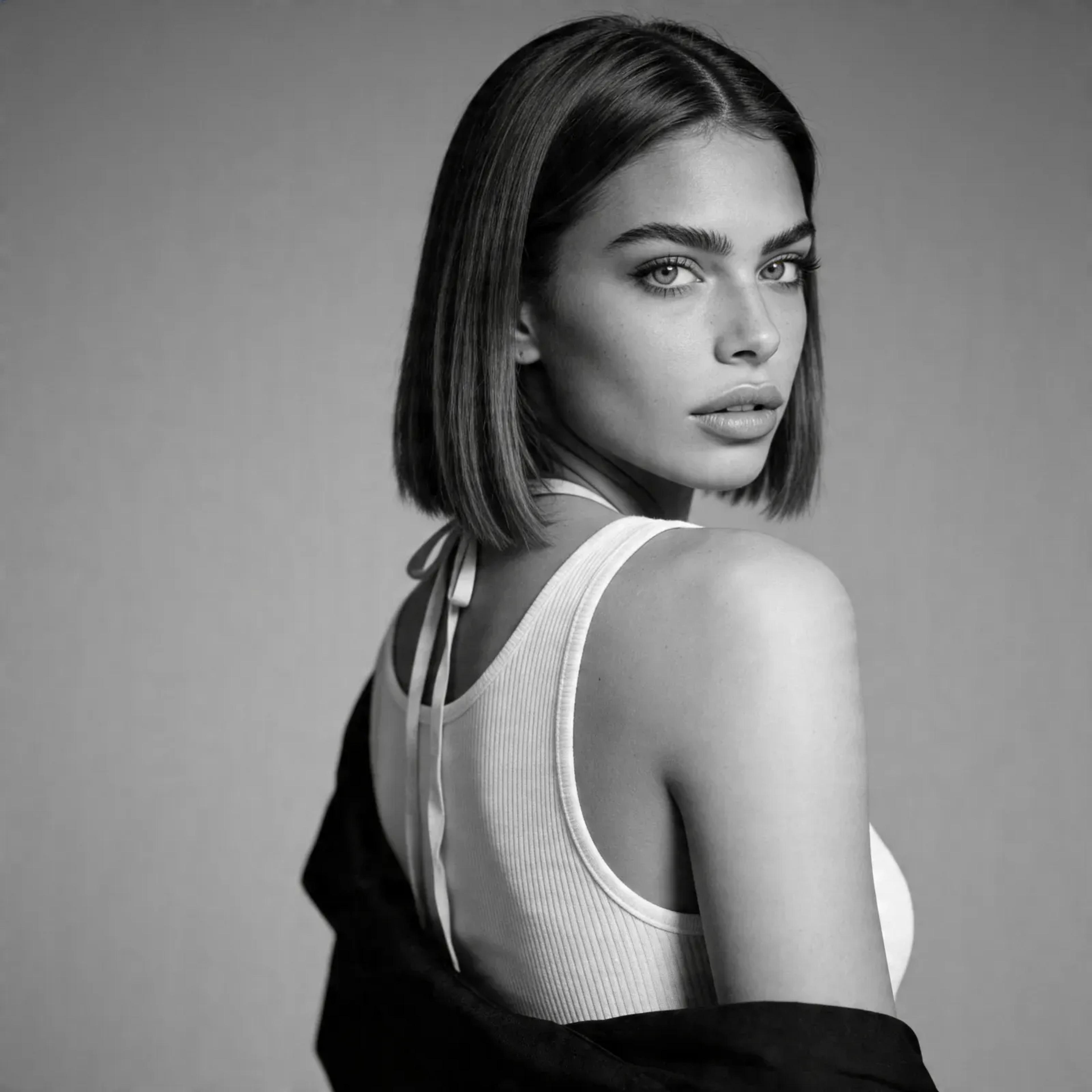 Fotorealistisches weibliches KI-Model im schwarzweiß Porträt mit schulterfreiem Look, Studioaufnahme, Trickhouse KI-Model-Agentur