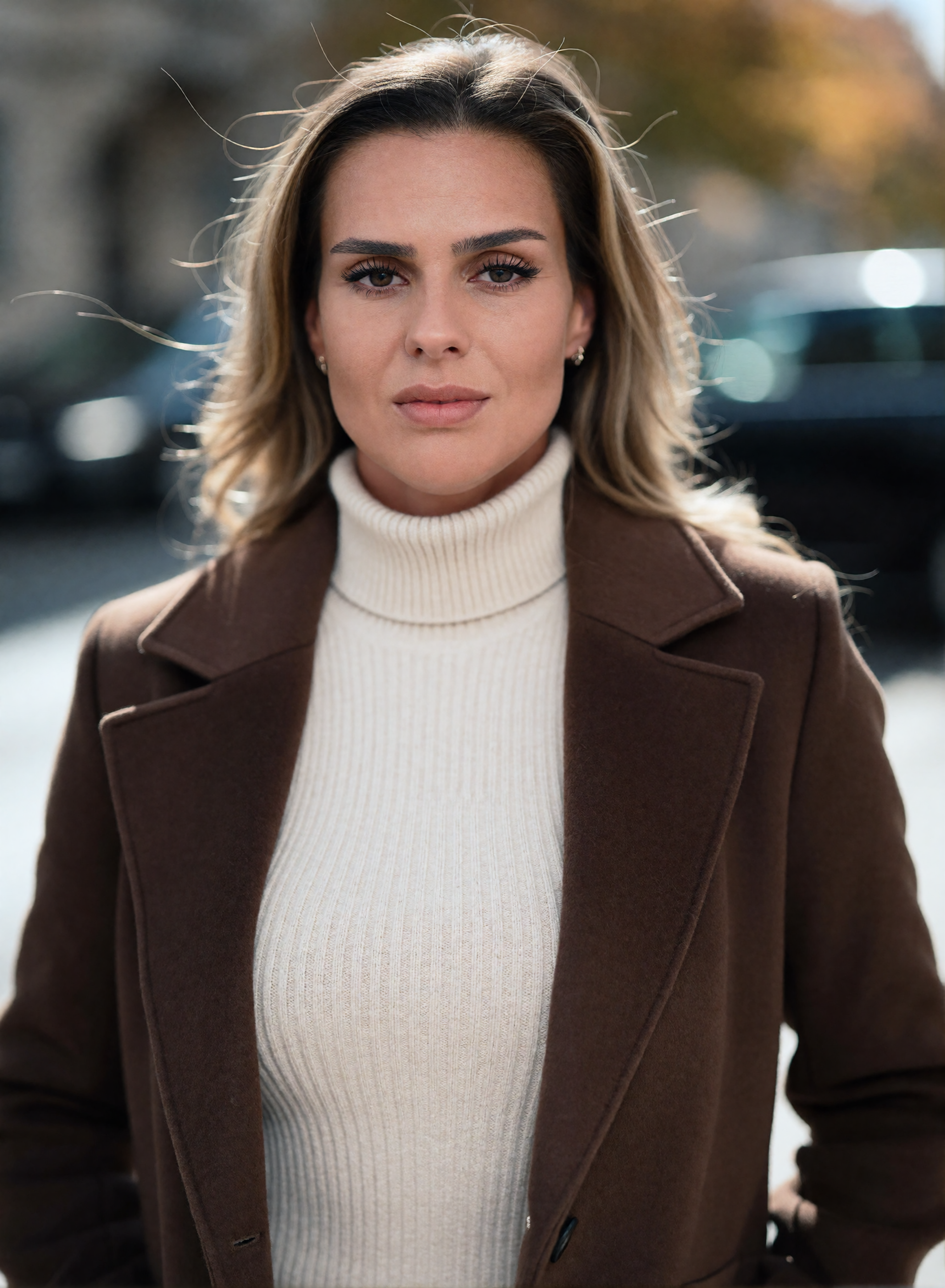 Digital twin Nicole Funken in a brown coat and white turtleneck sweater at a professional outdoor portrait.