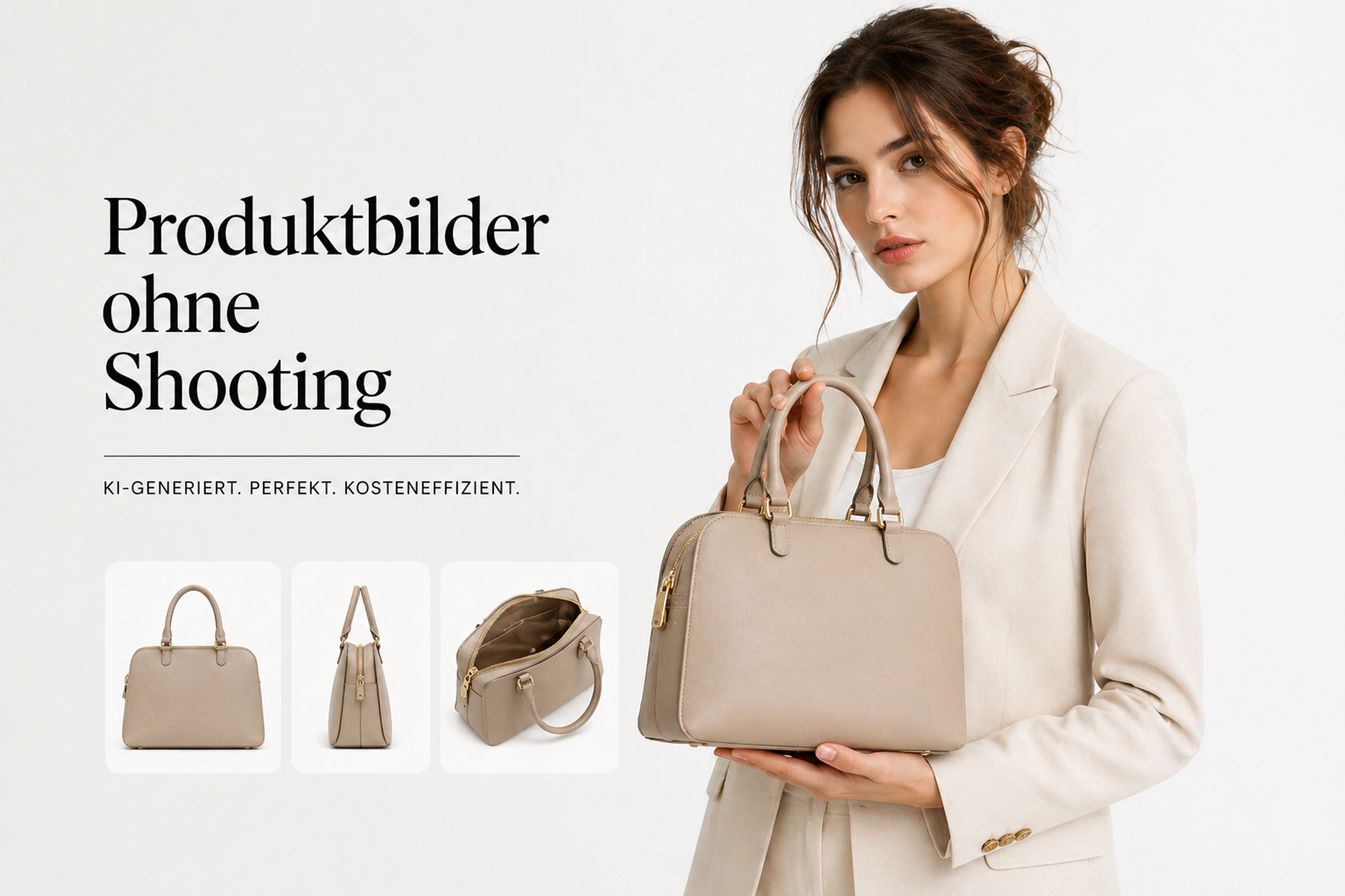 Titelgrafik „Produktbilder ohne Shooting“: KI-Model im hellen Blazer hält eine beige Handtasche, daneben Produktansichten
