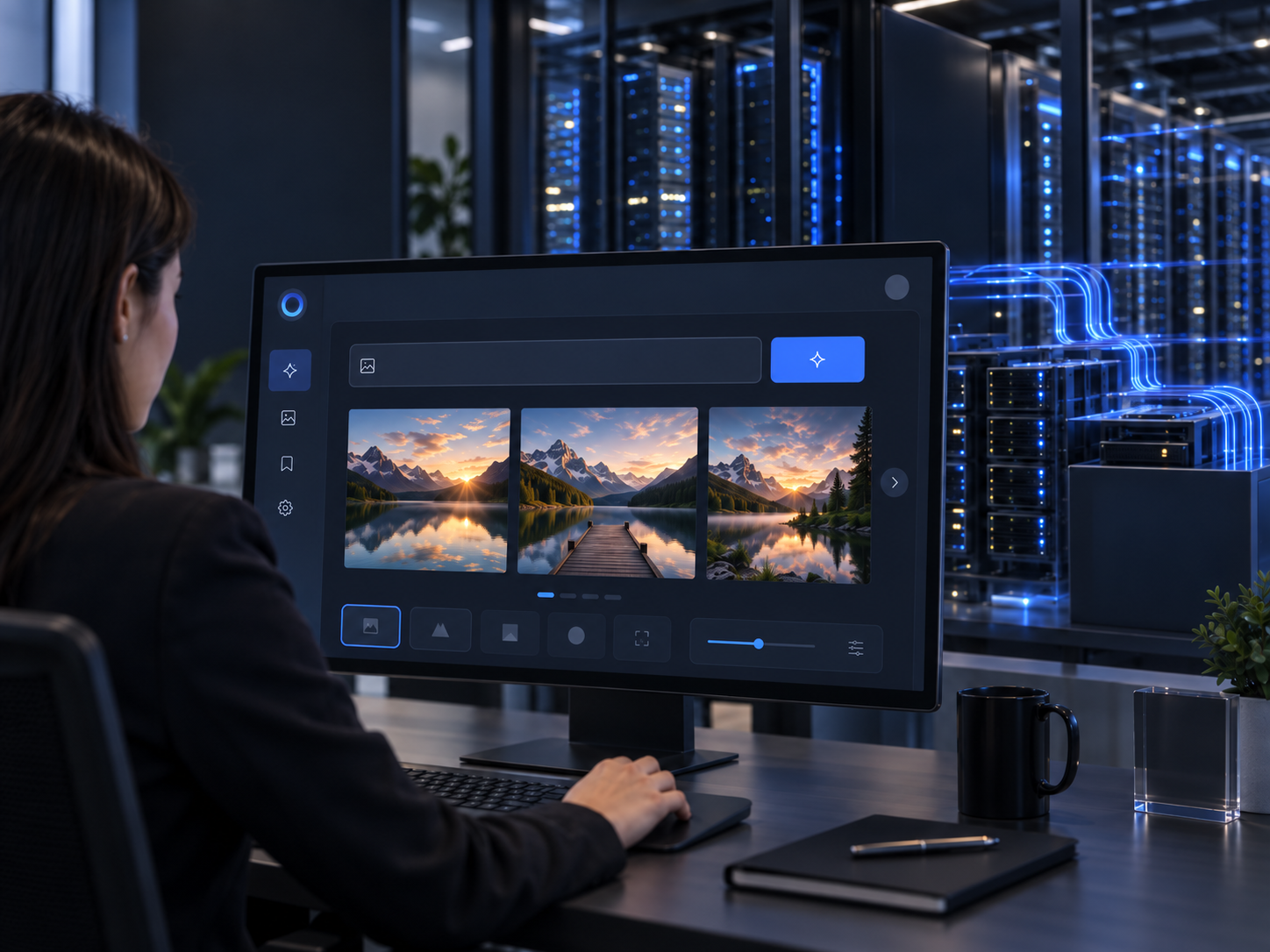 Person arbeitet an einem Monitor mit einer Bildgenerierungs-Oberfläche, im Hintergrund Serverschränke