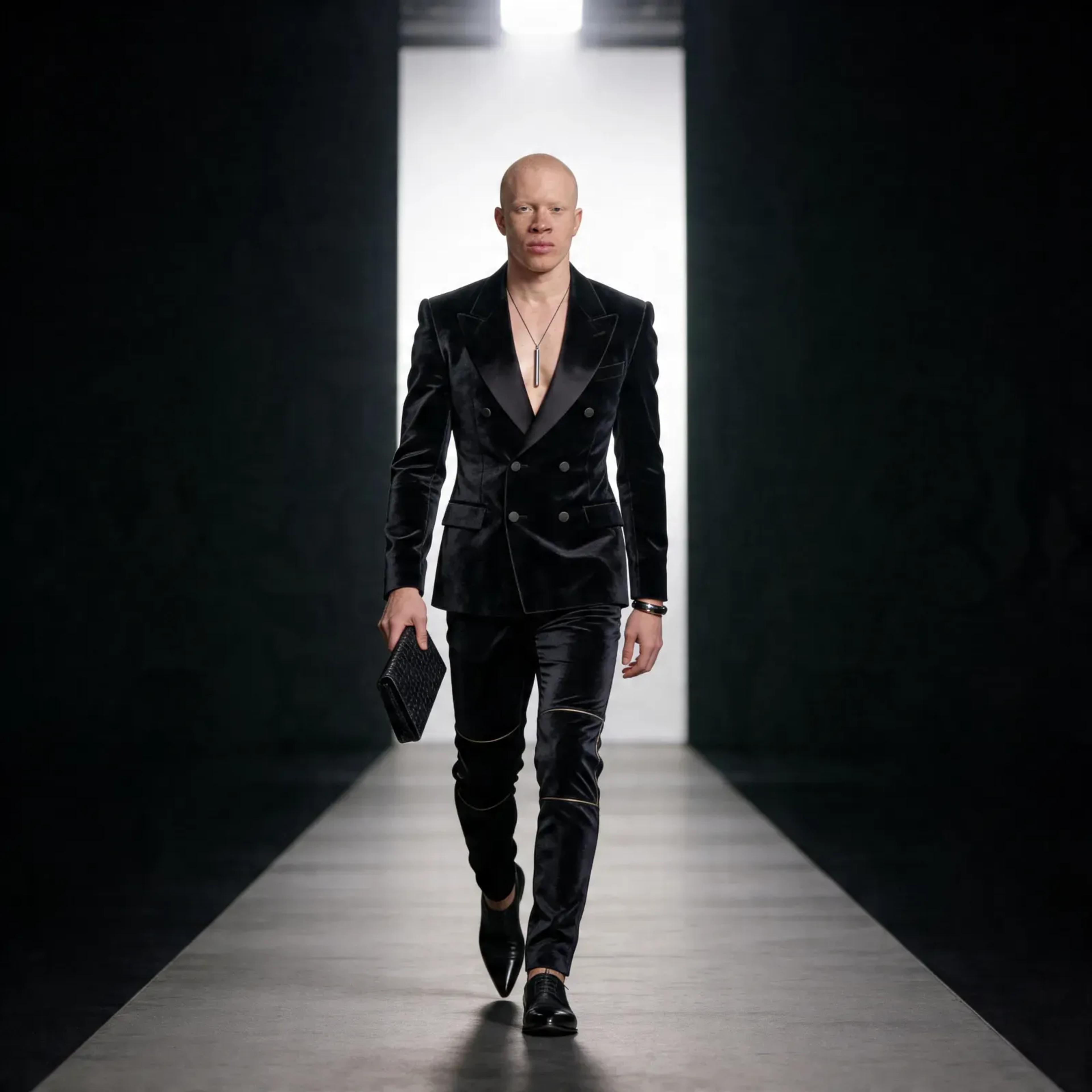 Fotorealistisches männliches KI-Model im schwarzen Anzug läuft auf Laufsteg, Fashion Show, Trickhouse KI-Model-Agentur