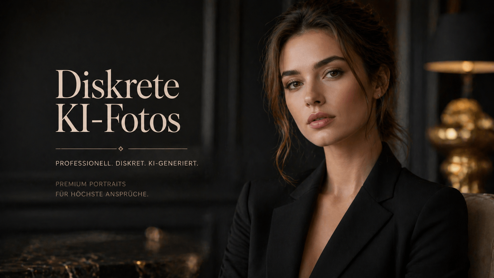 Titelgrafik „Diskrete KI-Fotos“: Porträt eines KI-Models im dunklen Blazer in eleganter Umgebung