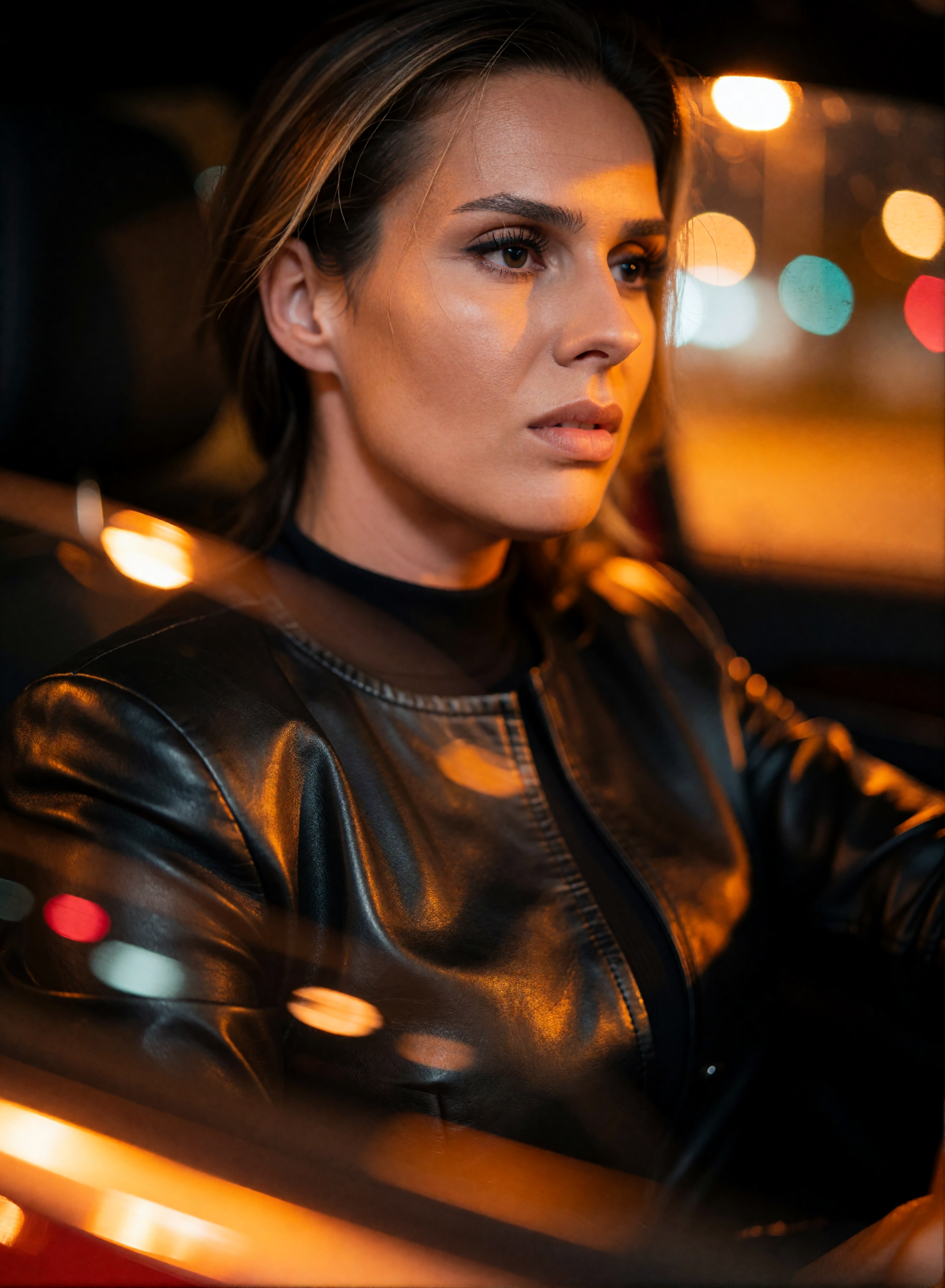Digital twin of Nicole Funken in a black leather jacket at a night-time fashion shoot in a car with urban light reflections.