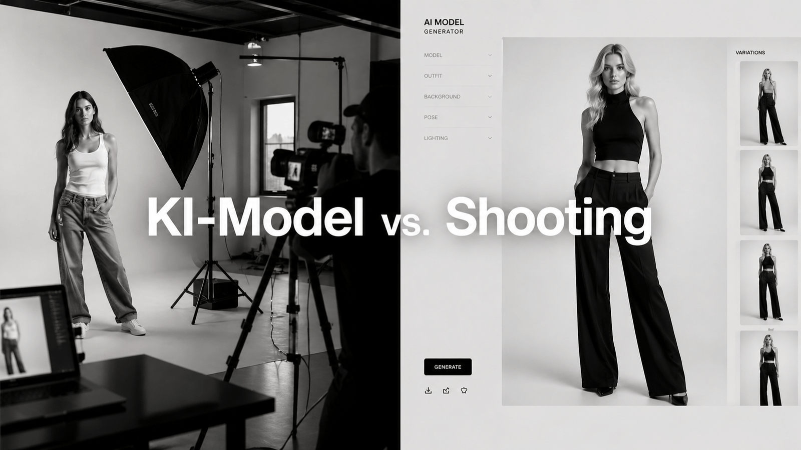 Titelgrafik „KI-Model vs. Shooting“: Fotostudio mit Model neben der Oberfläche eines KI-Model-Generators