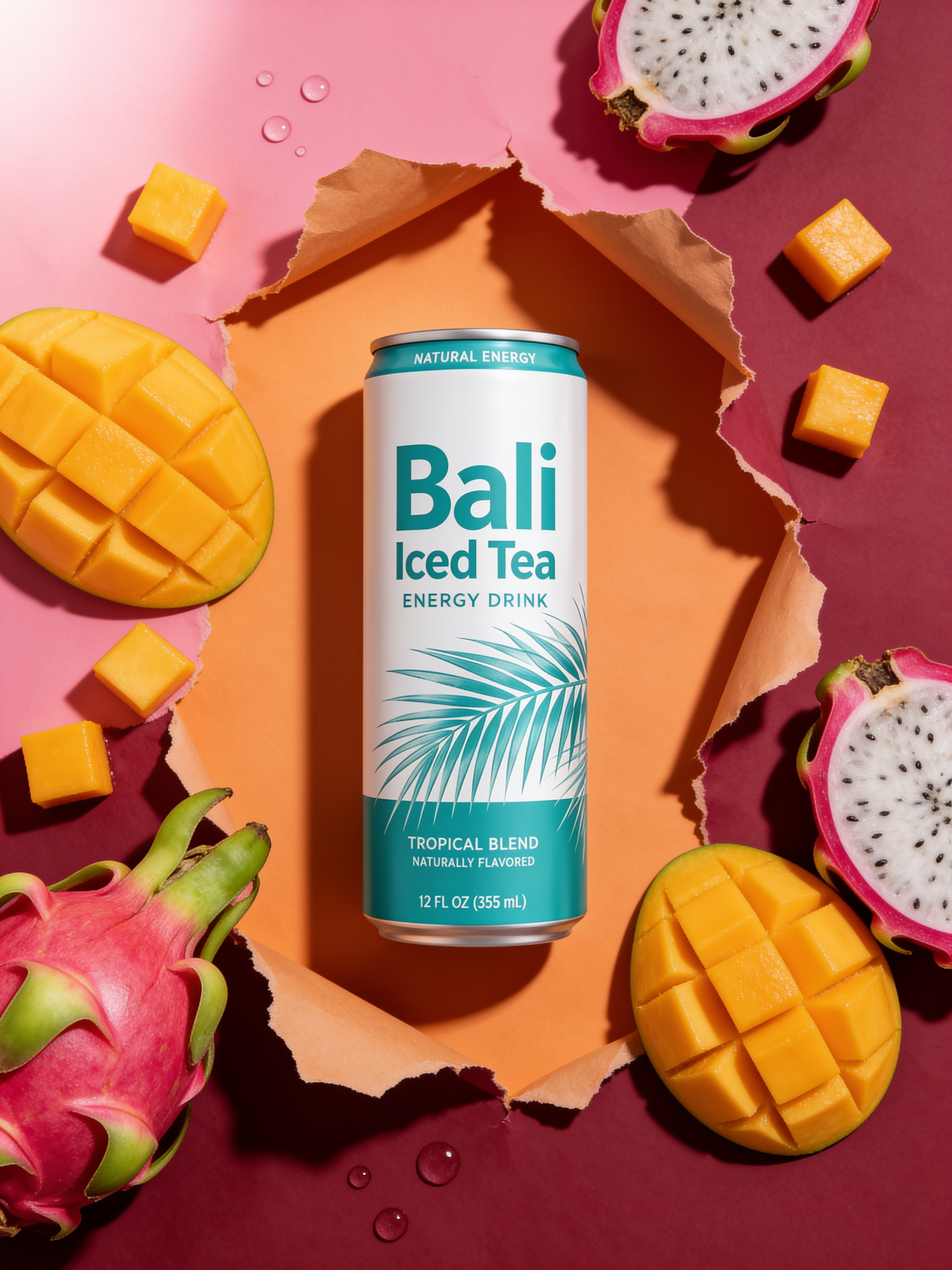 Getränkedose in aufgerissenem Papier mit Mango und Drachenfrucht