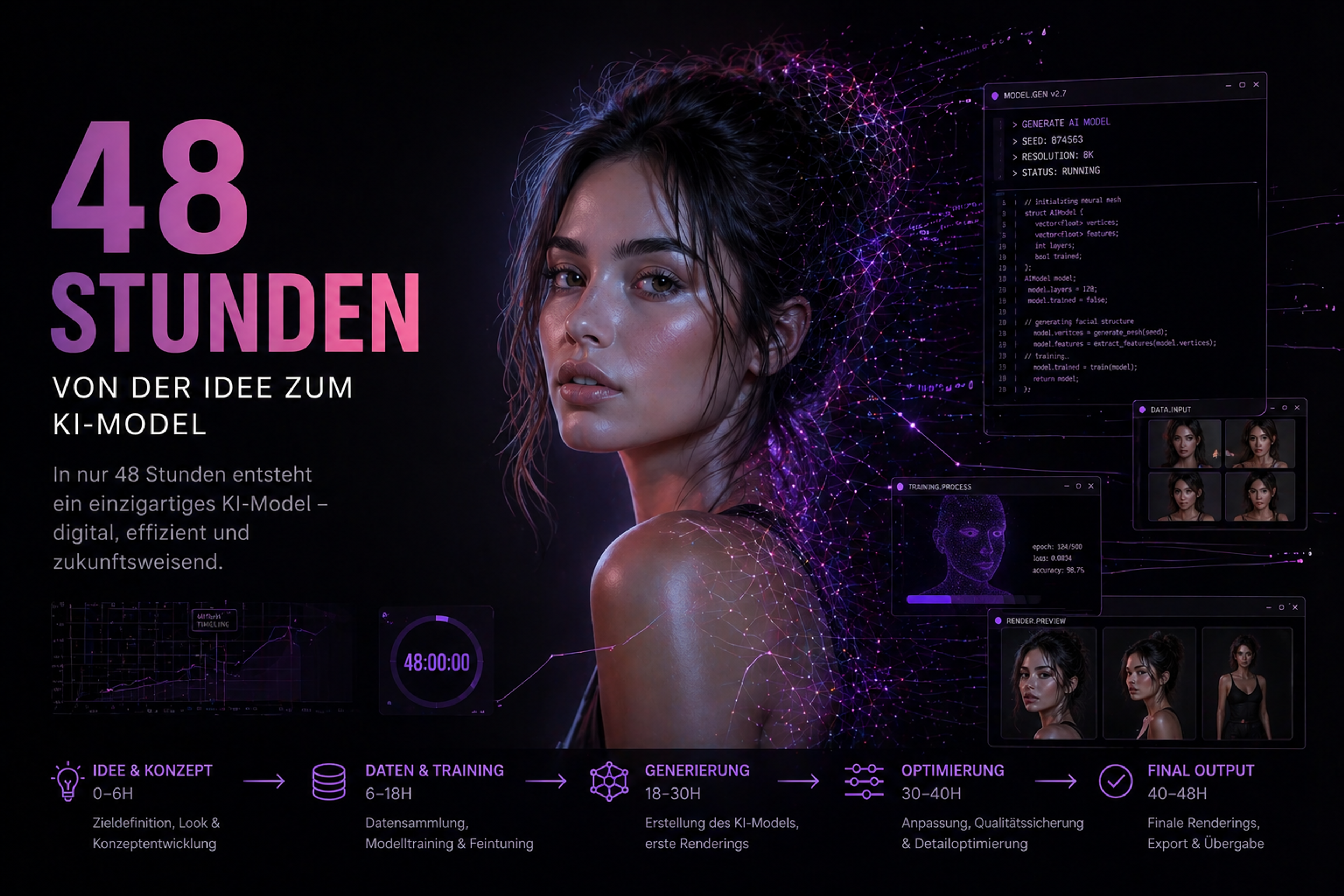 Titelgrafik „48 Stunden von der Idee zum KI-Model“ mit Porträt eines KI-Models und Ablaufschritten