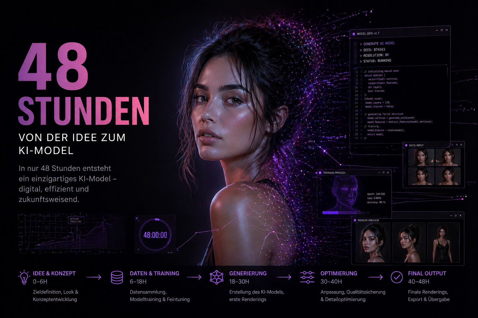 Titelgrafik „48 Stunden von der Idee zum KI-Model“ mit Porträt eines KI-Models und Ablaufschritten