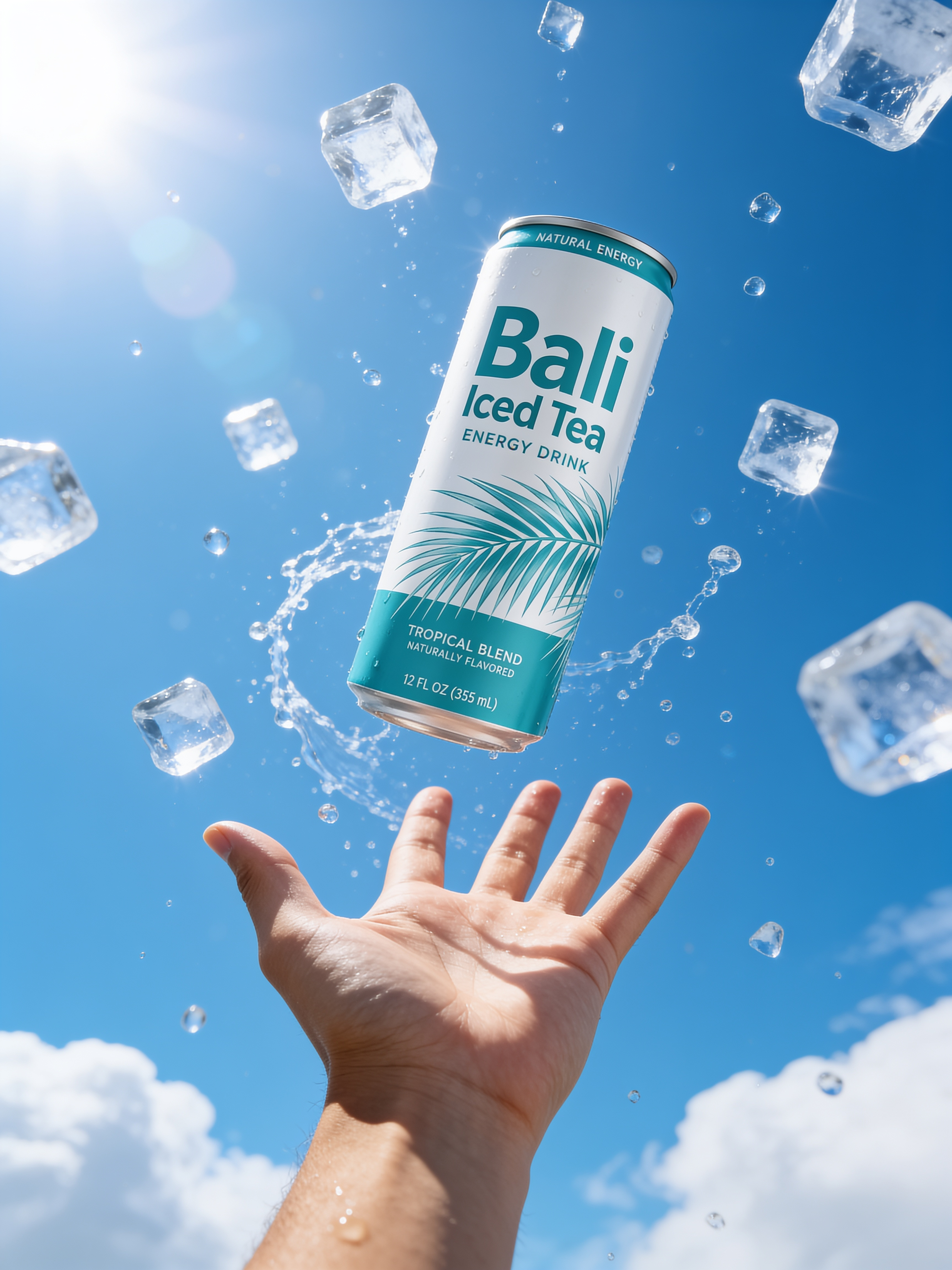 Getränkedose mit Eiswürfeln vor blauem Himmel, von einer Hand nach oben geworfen