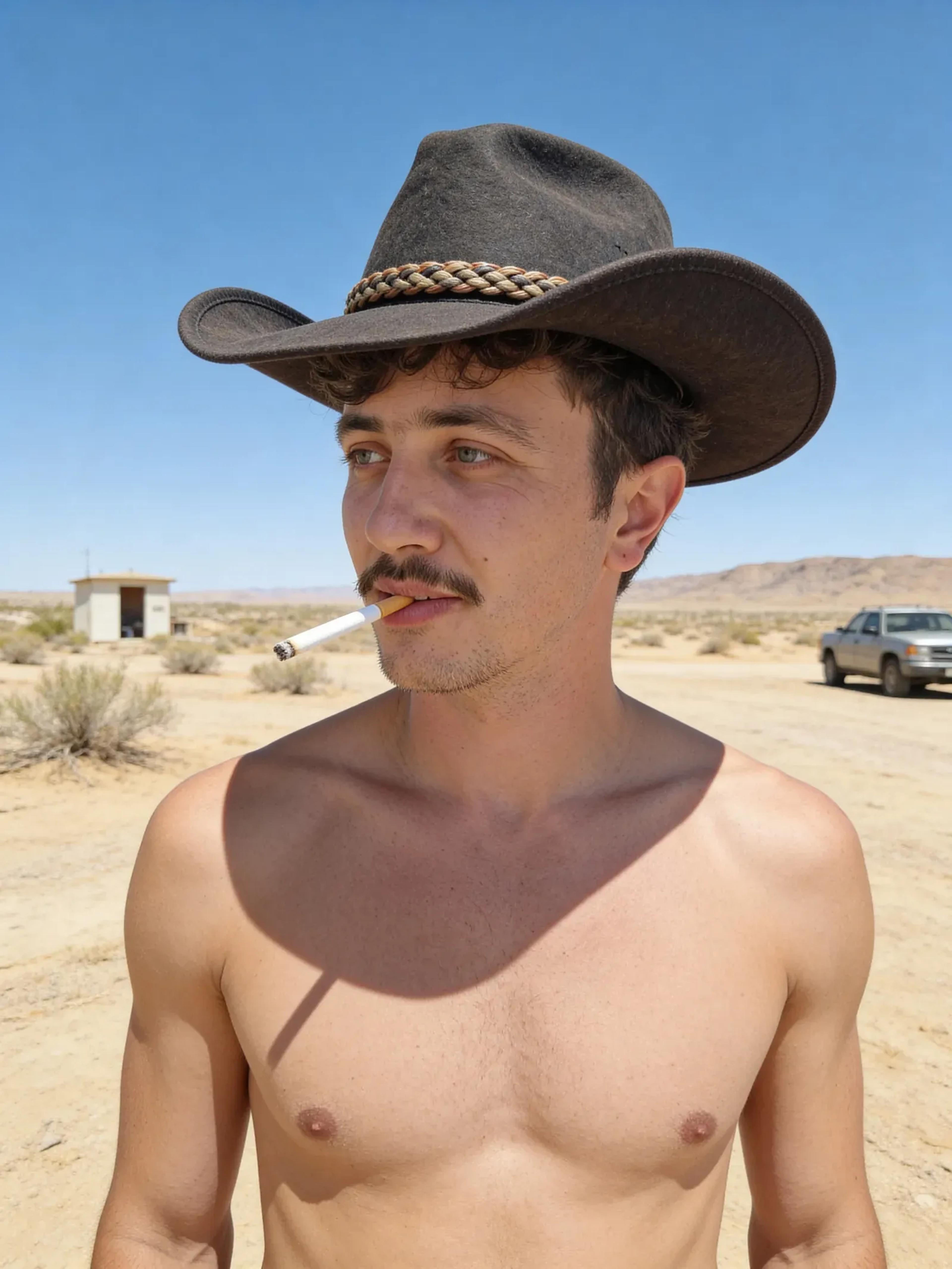Artur Fenina mit Cowboyhut und freiem Oberkörper in einer Wüstenlandschaft