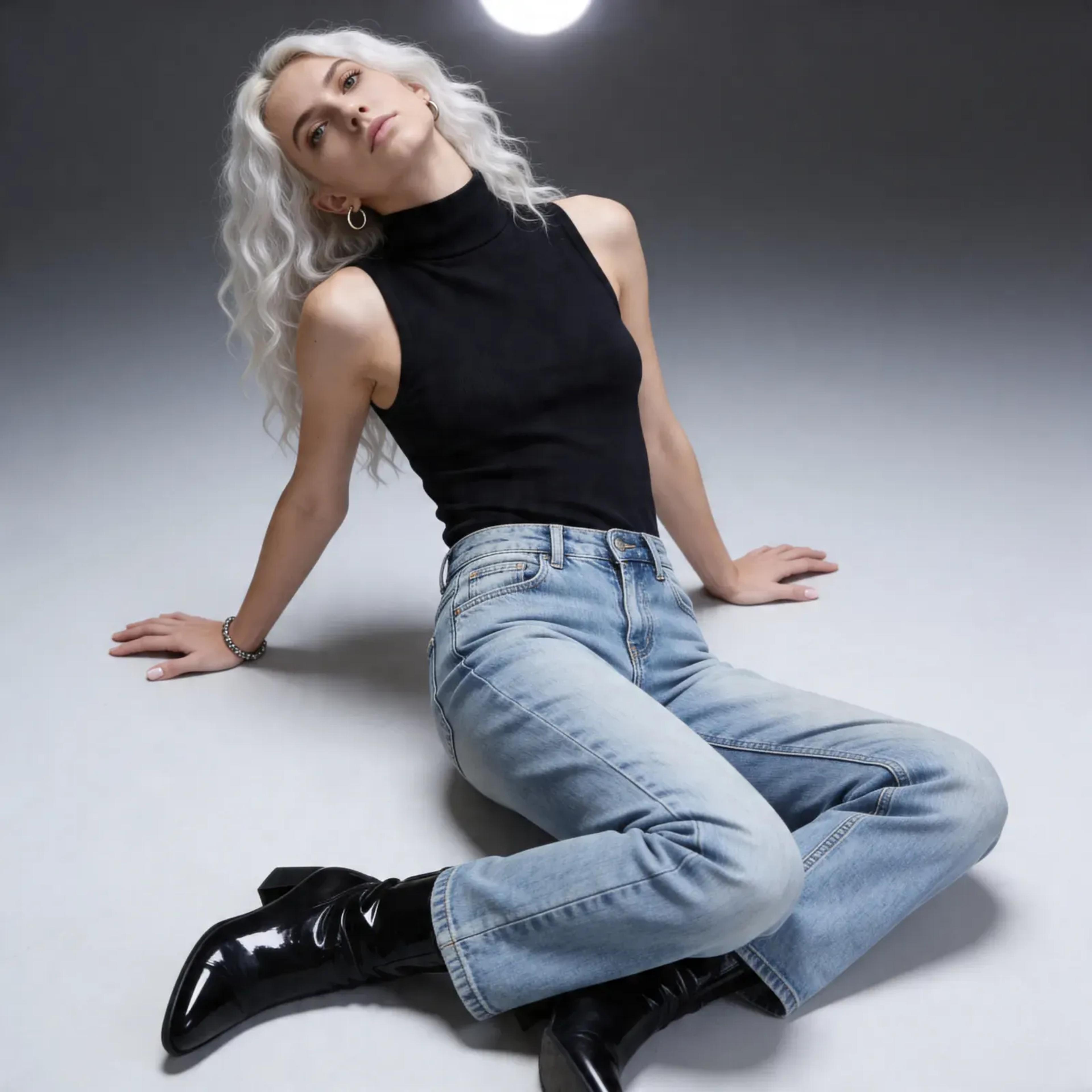 Fotorealistisches weibliches KI-Model in Top und Jeans sitzt im Studio, lässiges Fashion Porträt, Trickhouse KI-Model-Agentur