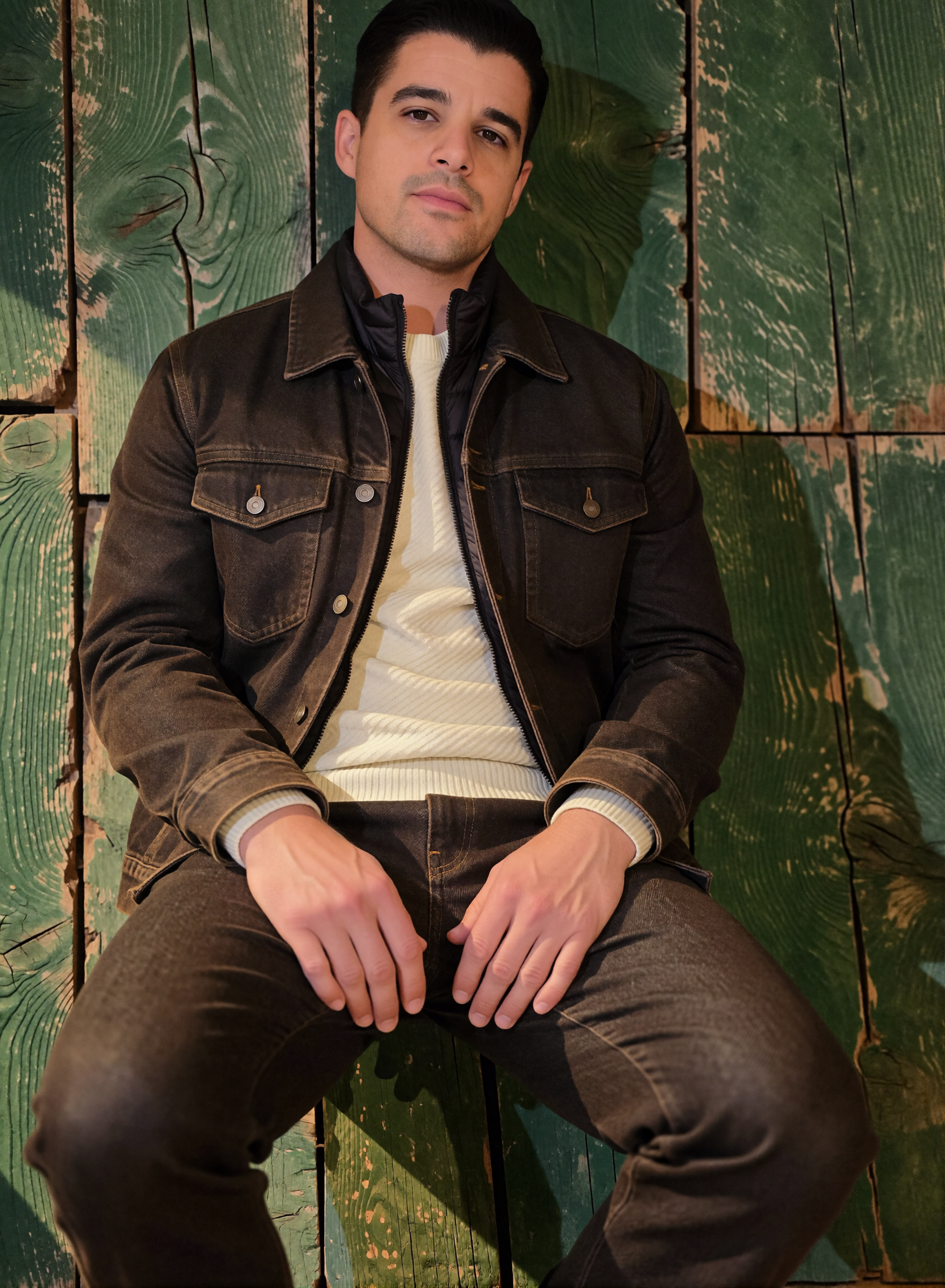 Digitaler Zwilling Mousaab Ainouche sitzt in dunkelbrauner Jeansjacke und passender Jeans mit cremefarbenem Strickpullover vor verwitterten grünen Holzplanken.