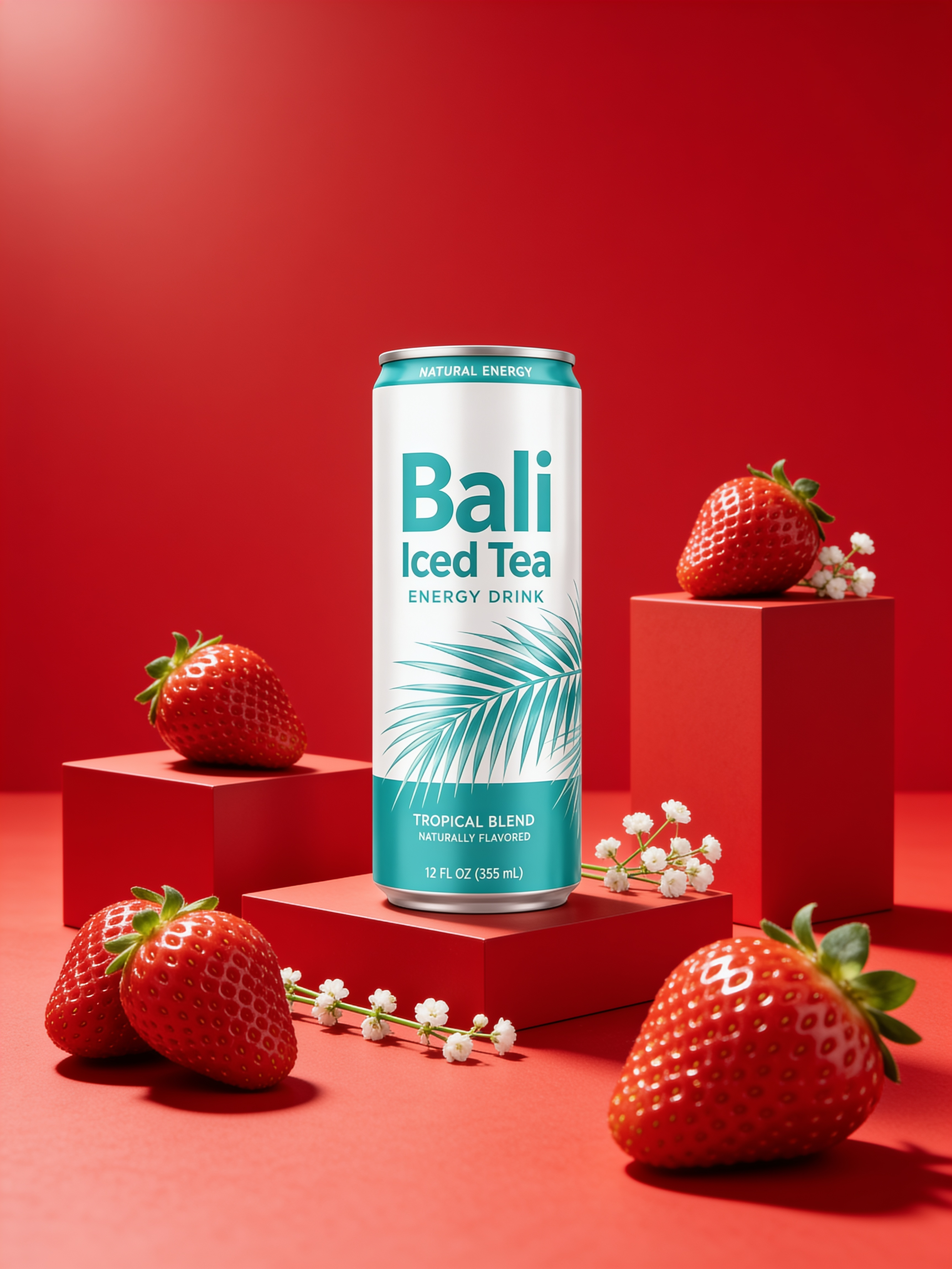 Getränkedose auf einem roten Podest, umgeben von Erdbeeren