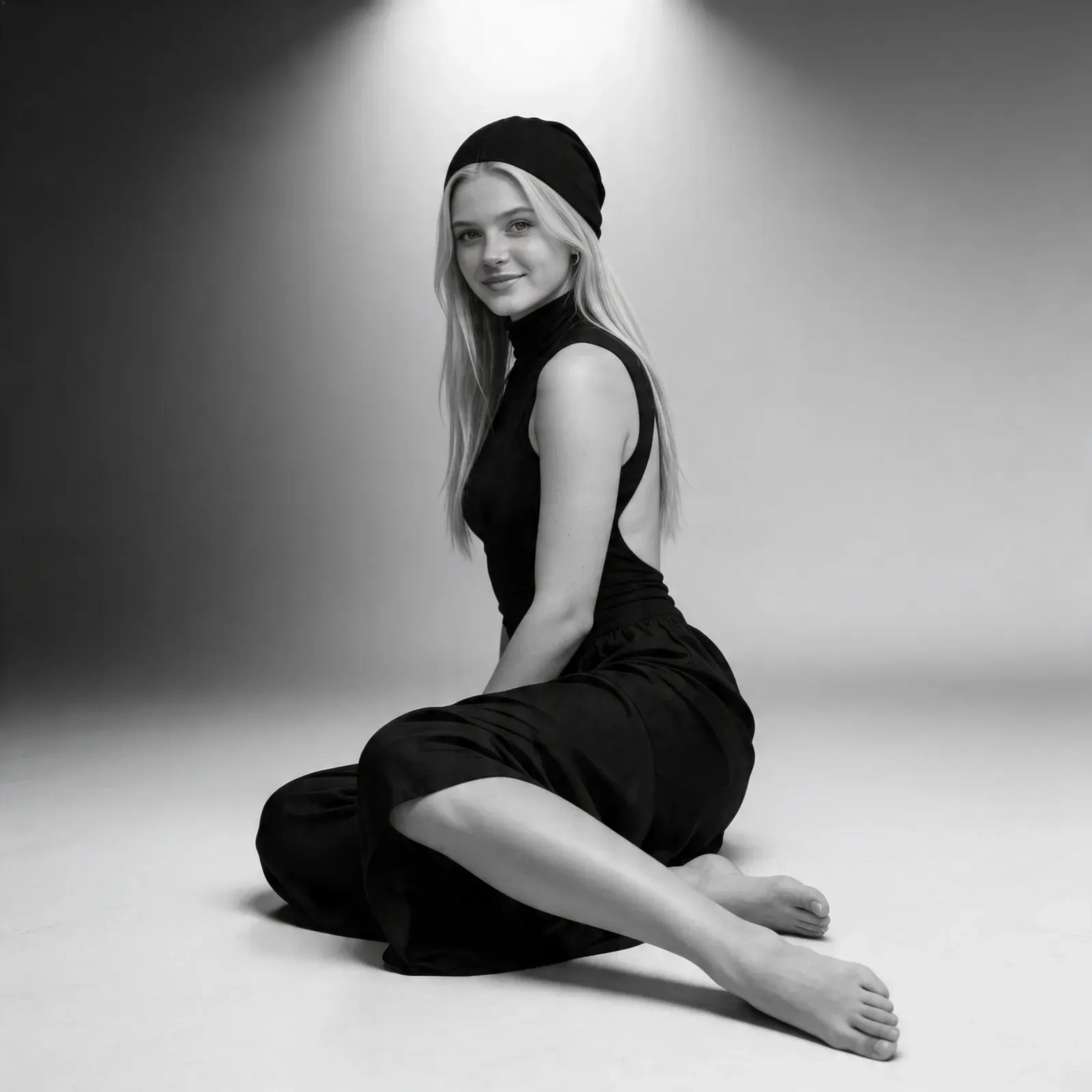 Fotorealistisches weibliches KI-Model im schwarzweiß Look sitzt im Studio, minimalistisches Fashion Porträt, Trickhouse KI-Model-Agentur