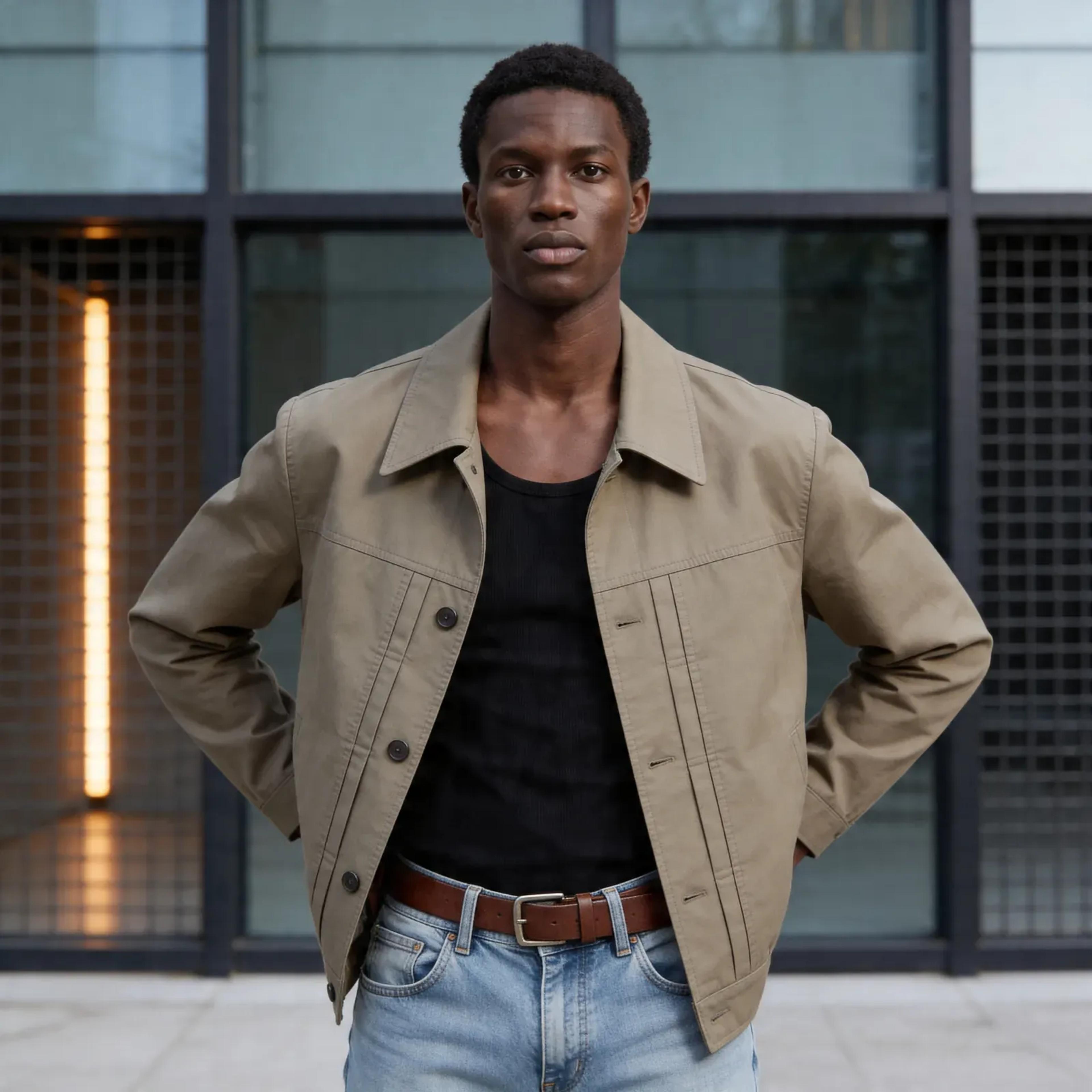 Fotorealistisches männliches KI-Model in Jacke und Jeans vor Gebäude, urbanes Fashion Porträt, Trickhouse KI-Model-Agentur