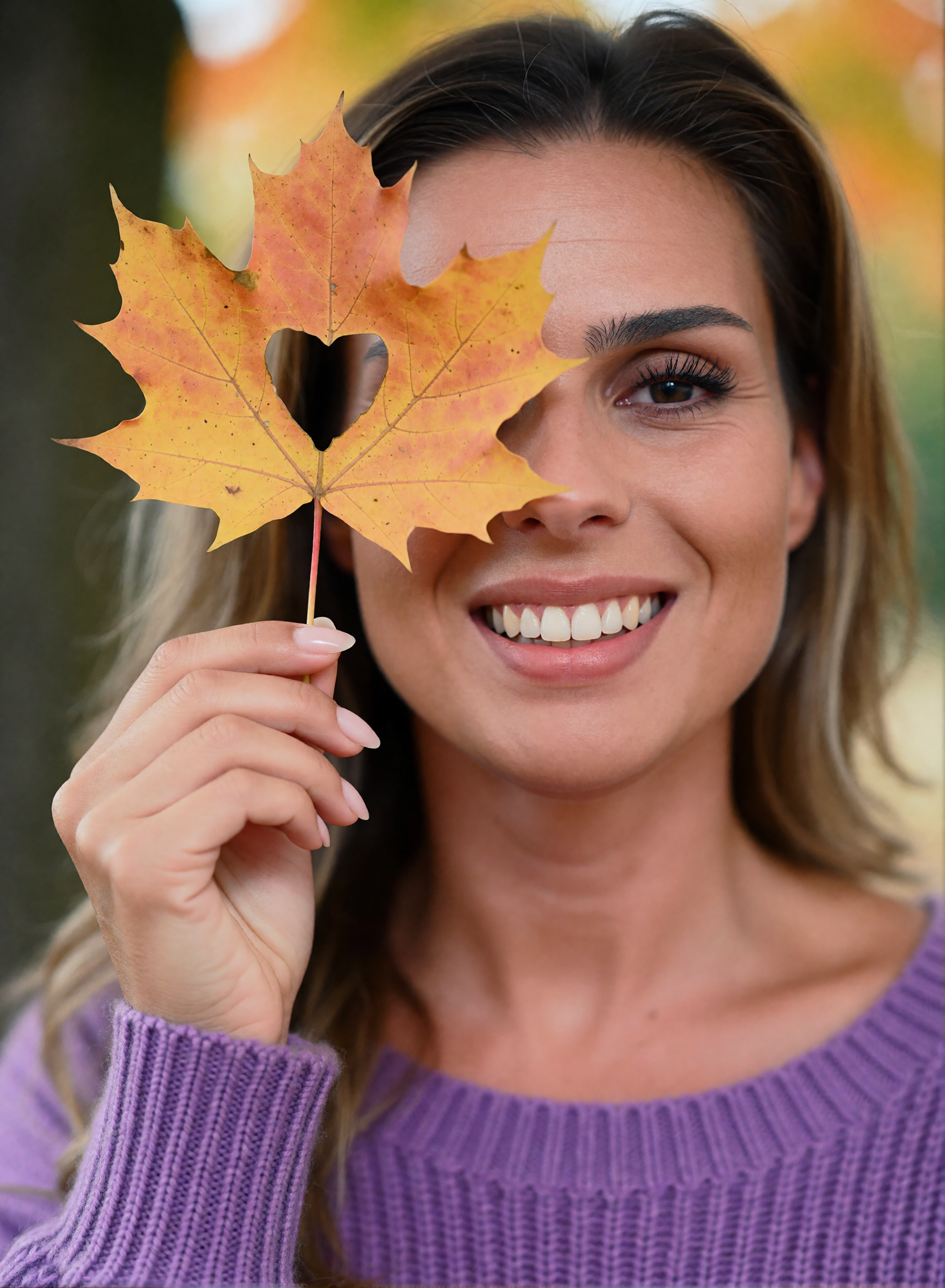 Digital twin Nicole Funken in a purple knitted sweater, smiling with a heart-shaped cut-out maple leaf in front of her eye.