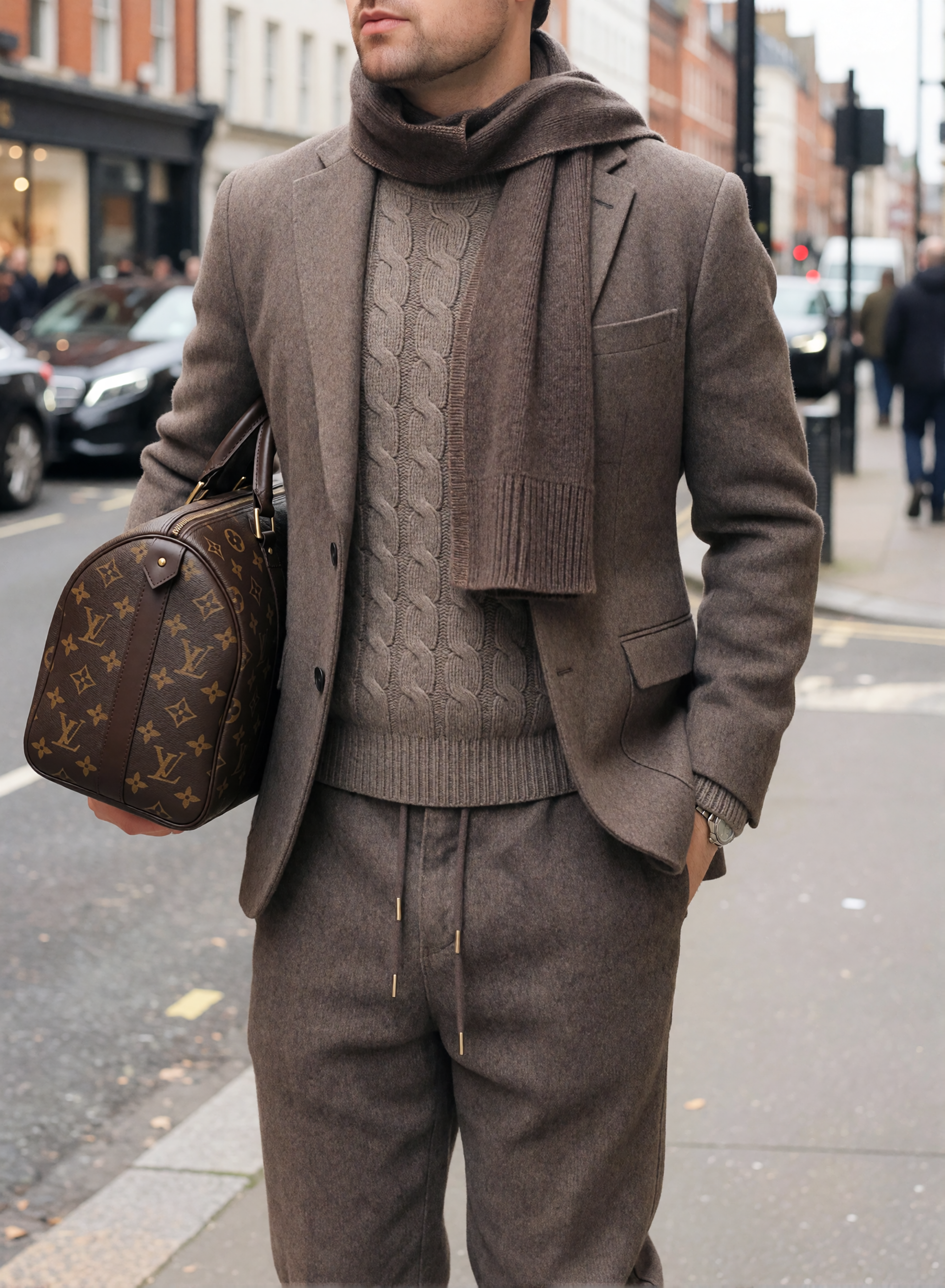 Digitaler Zwilling von Bruno Dias im braunen Wollanzug mit Zopfmusterpullover, Schal und Louis-Vuitton-Tasche auf einer belebten Einkaufsstraße.
