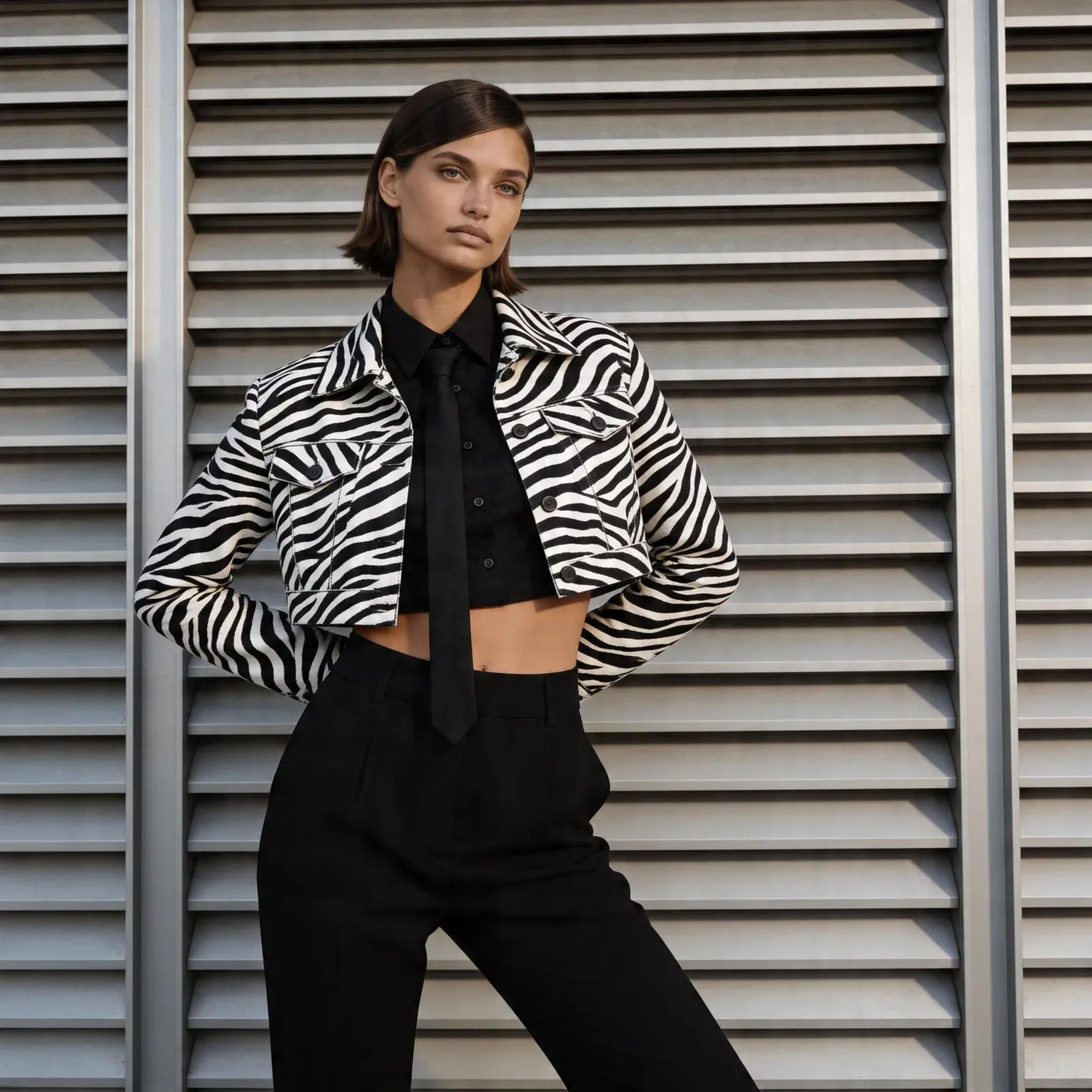 Fotorealistisches weibliches KI-Model in gemusterter Jacke vor Lamellenwand, urbanes Fashion Porträt, Trickhouse KI-Model-Agentur