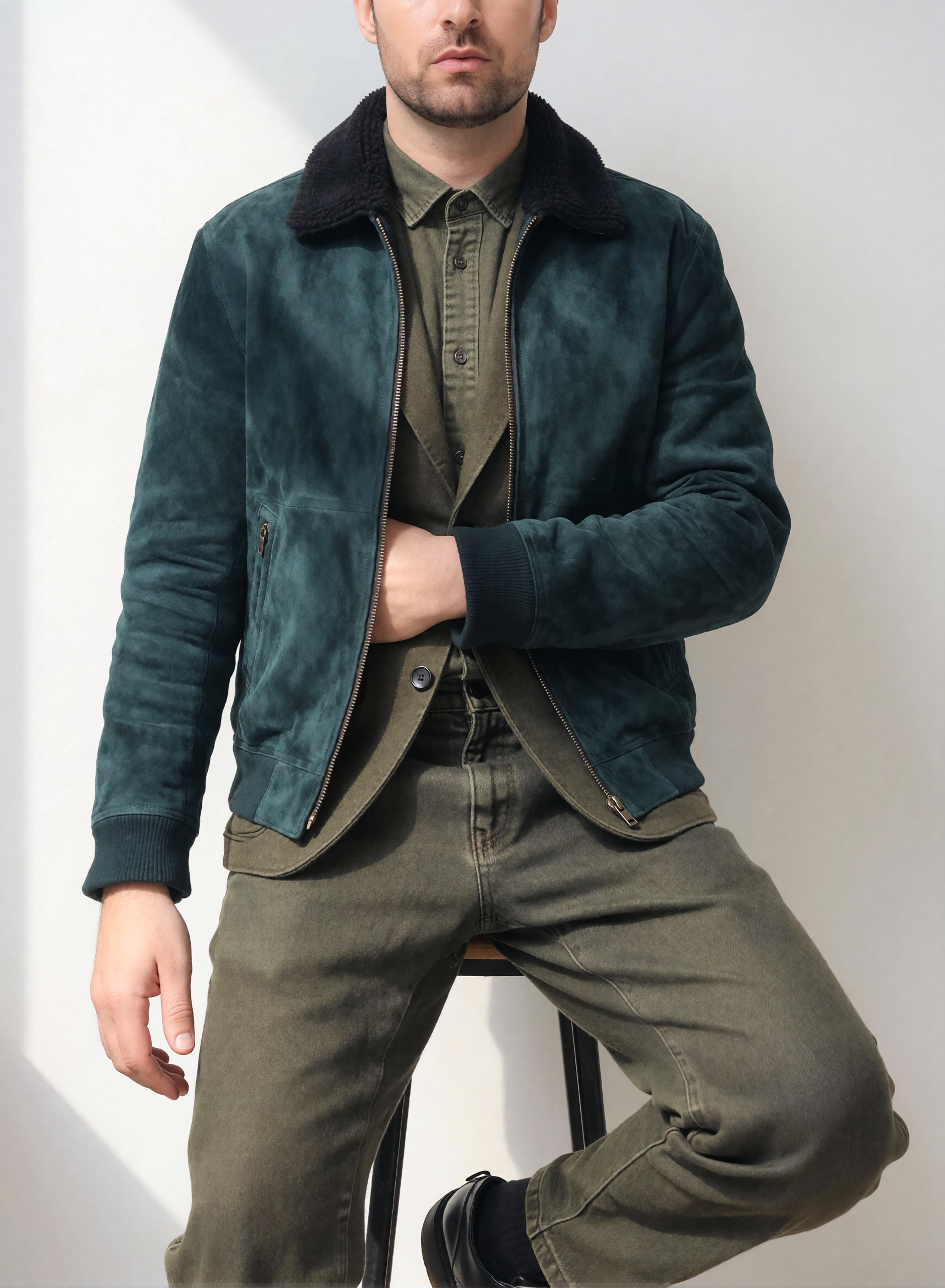 Digitaler Zwilling von Bruno Dias in petrolfarbener Wildlederjacke mit schwarzem Lammfellkragen und olivgrünem Outfit vor heller Studiowand.