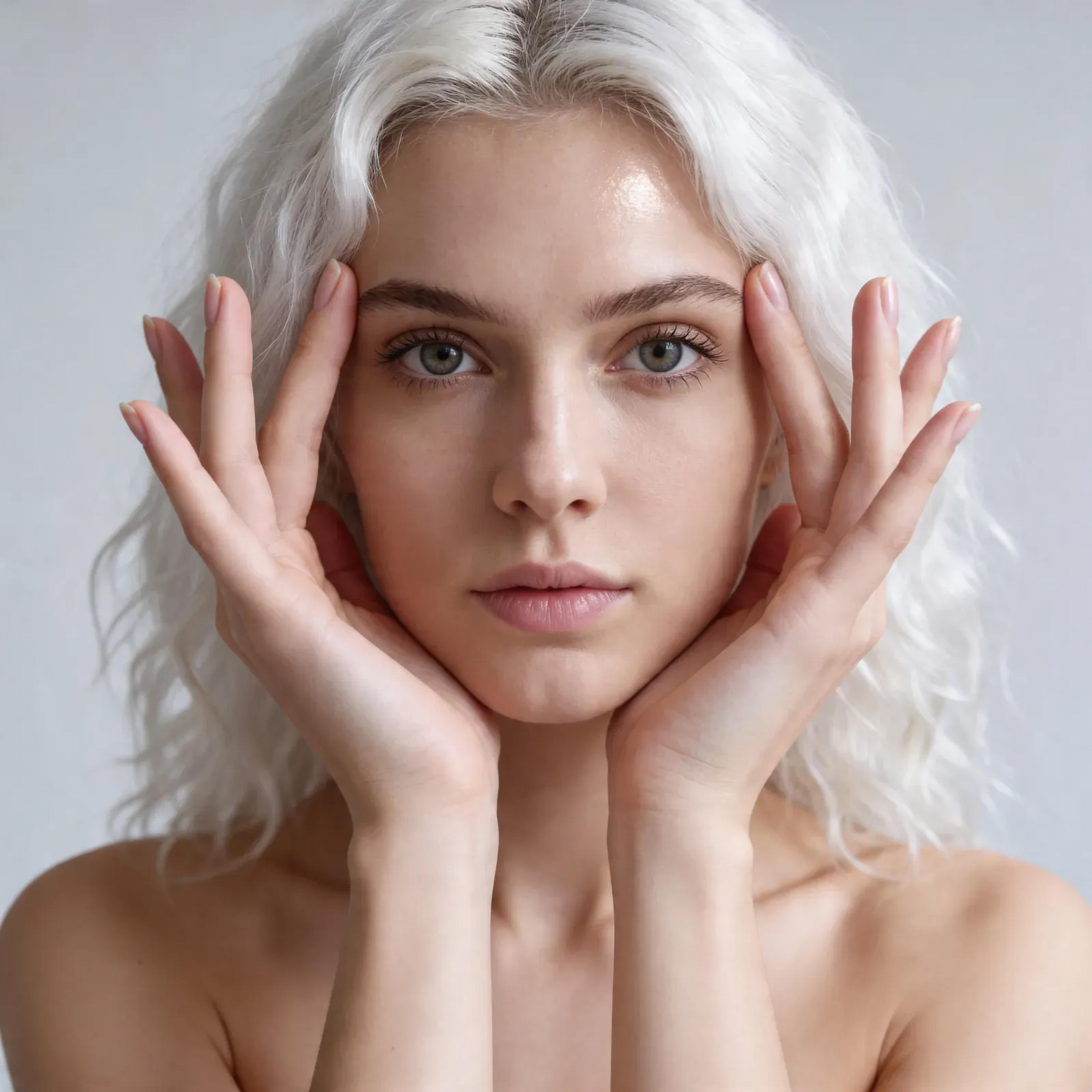 Fotorealistisches weibliches KI-Model mit hellem Haar und Händen am Gesicht, Beauty Porträt, Trickhouse KI-Model-Agentur