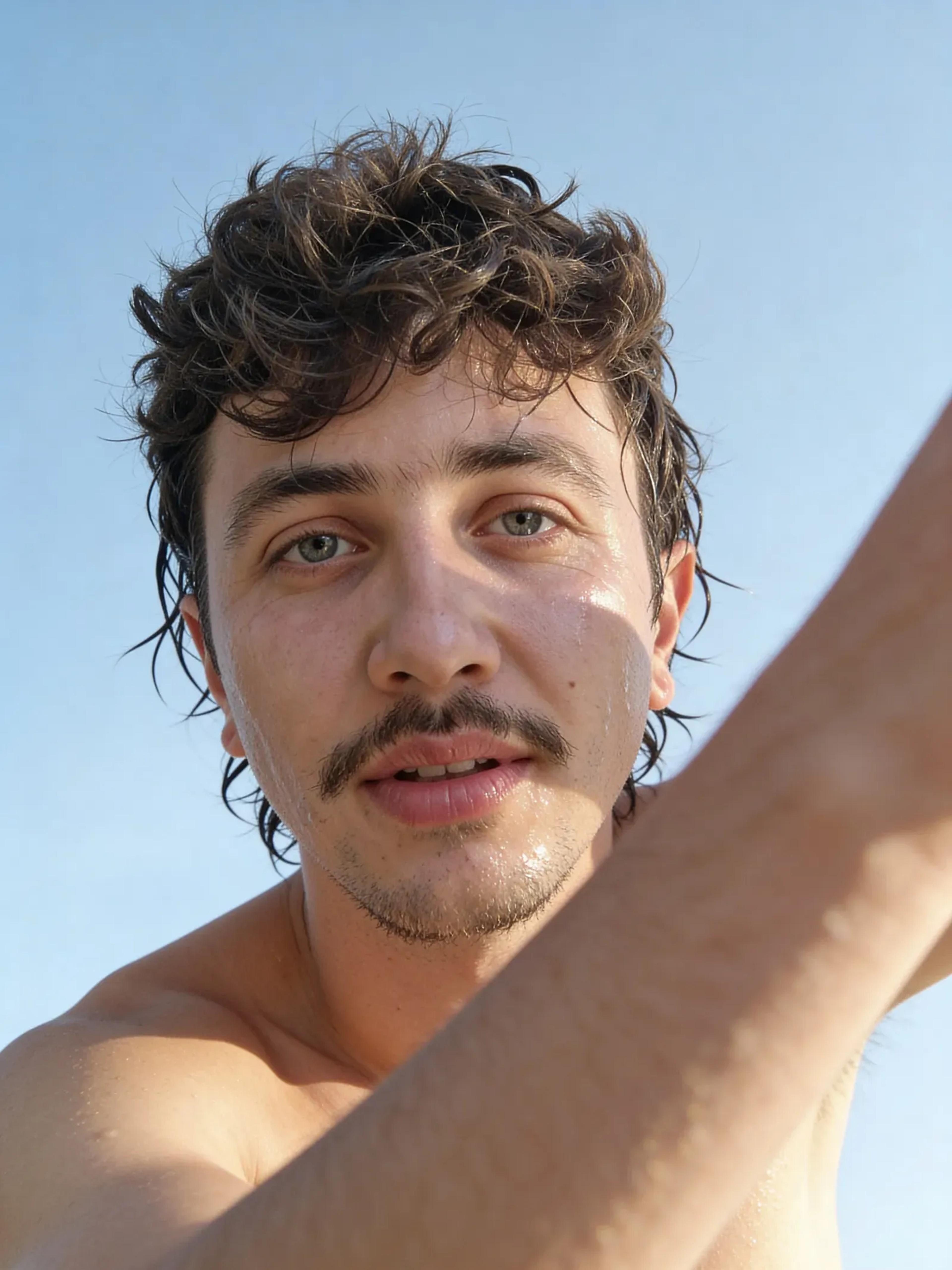 Selfie-Porträt von Artur Fenina mit Schnurrbart vor hellem Himmel