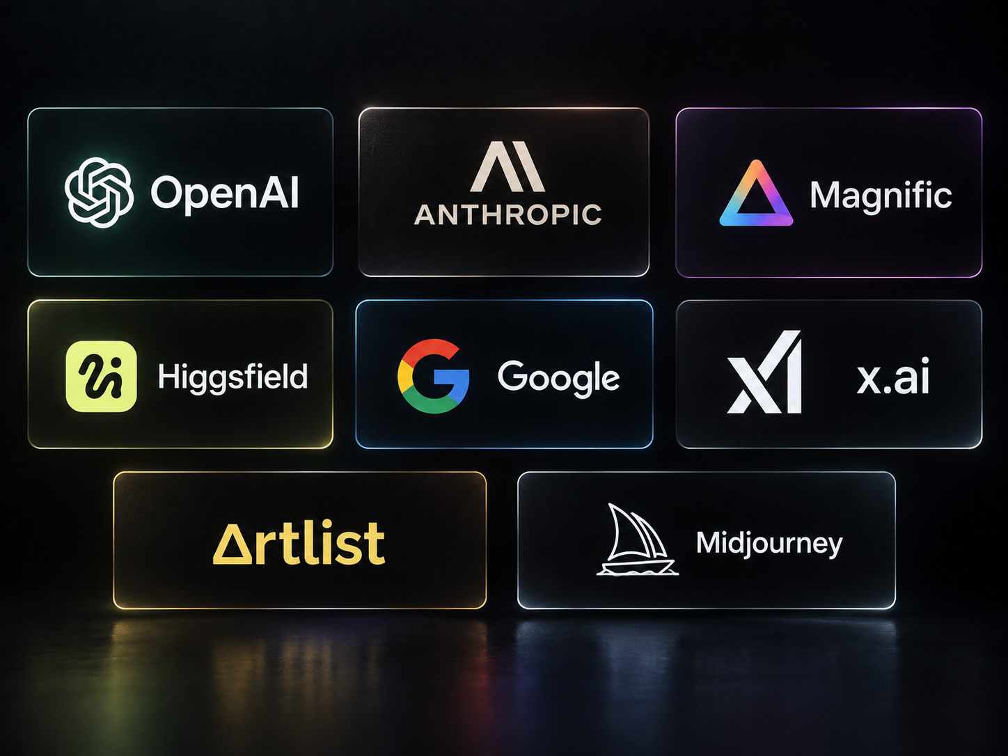 Logos von KI-Anbietern und Tools wie OpenAI, Anthropic, Magnific, Google und Midjourney als Kacheln