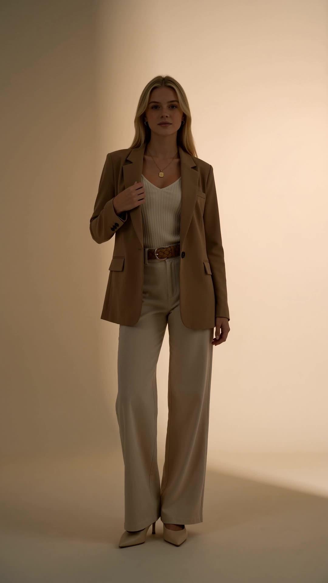 Synthetic AI model in a beige blazer with a white top and braided leather belt in the studio