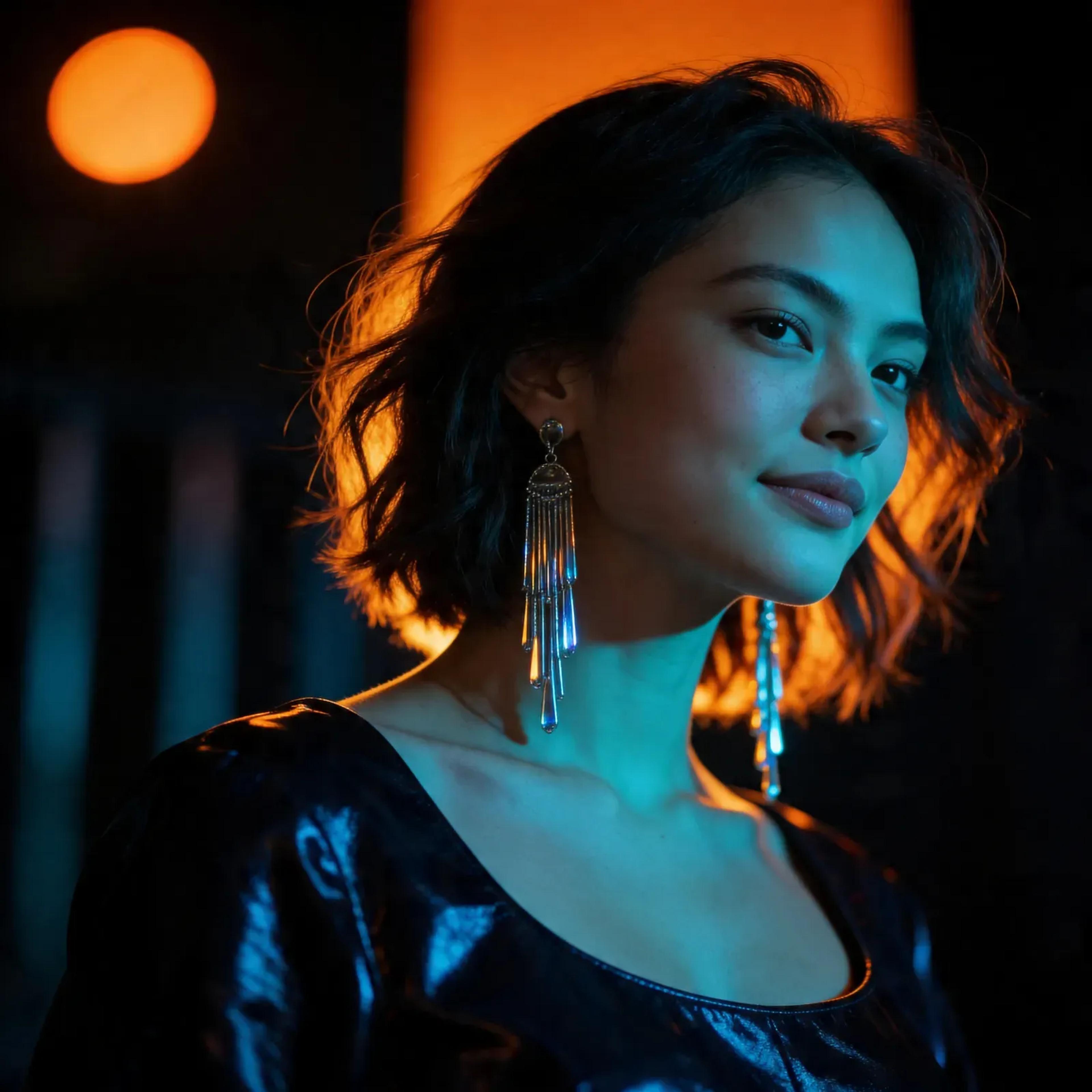 Fotorealistisches weibliches KI-Model mit kurzem Haar im Neonlicht, urbanes Nacht Porträt, Trickhouse KI-Model-Agentur