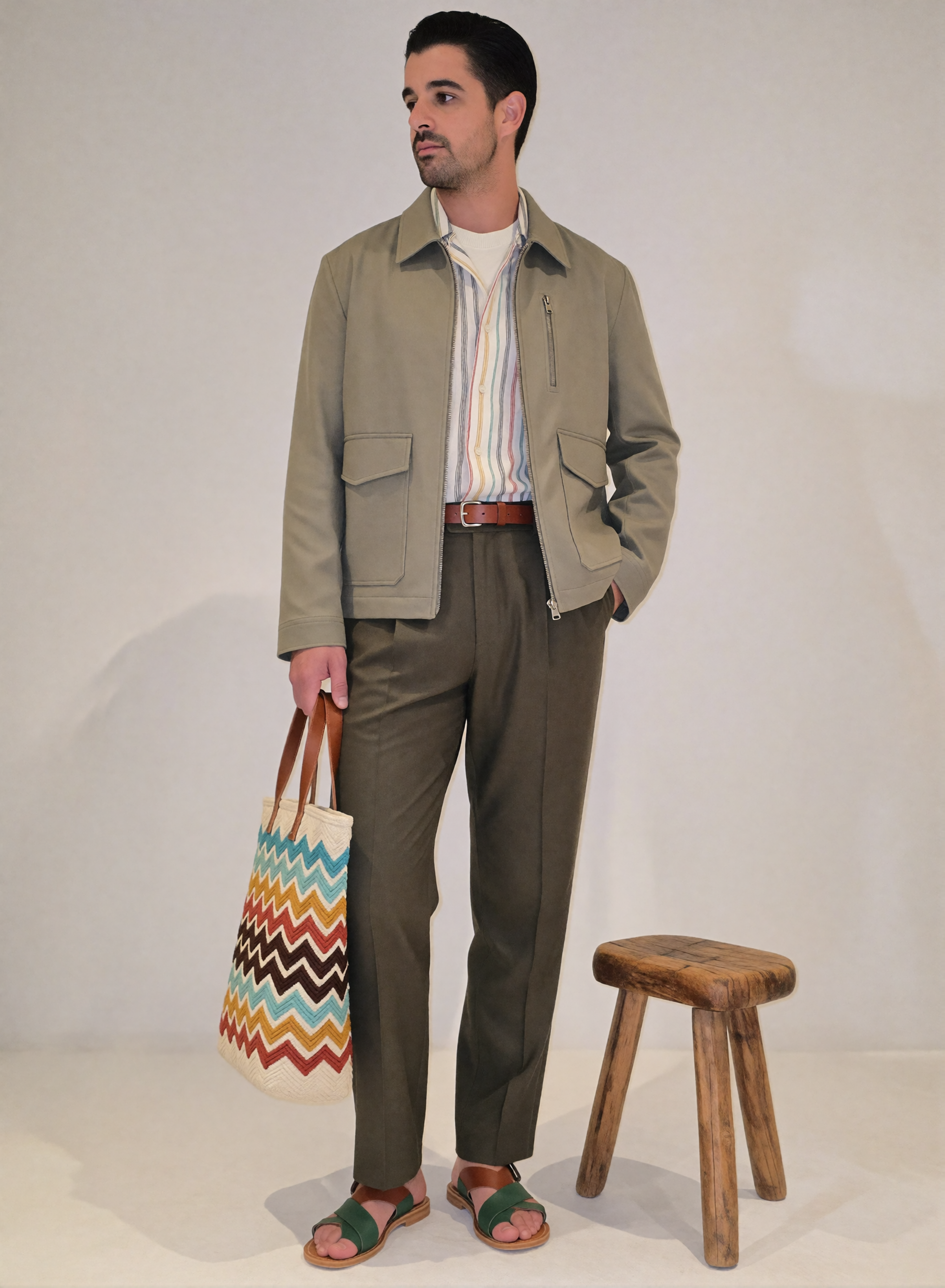 Digitaler Zwilling Mousaab Ainouche in beigefarbener Jacke, gestreiftem Hemd, olivgrüner Hose und grünen Sandalen, mit bunter Henkeltasche neben einem Holzhocker.