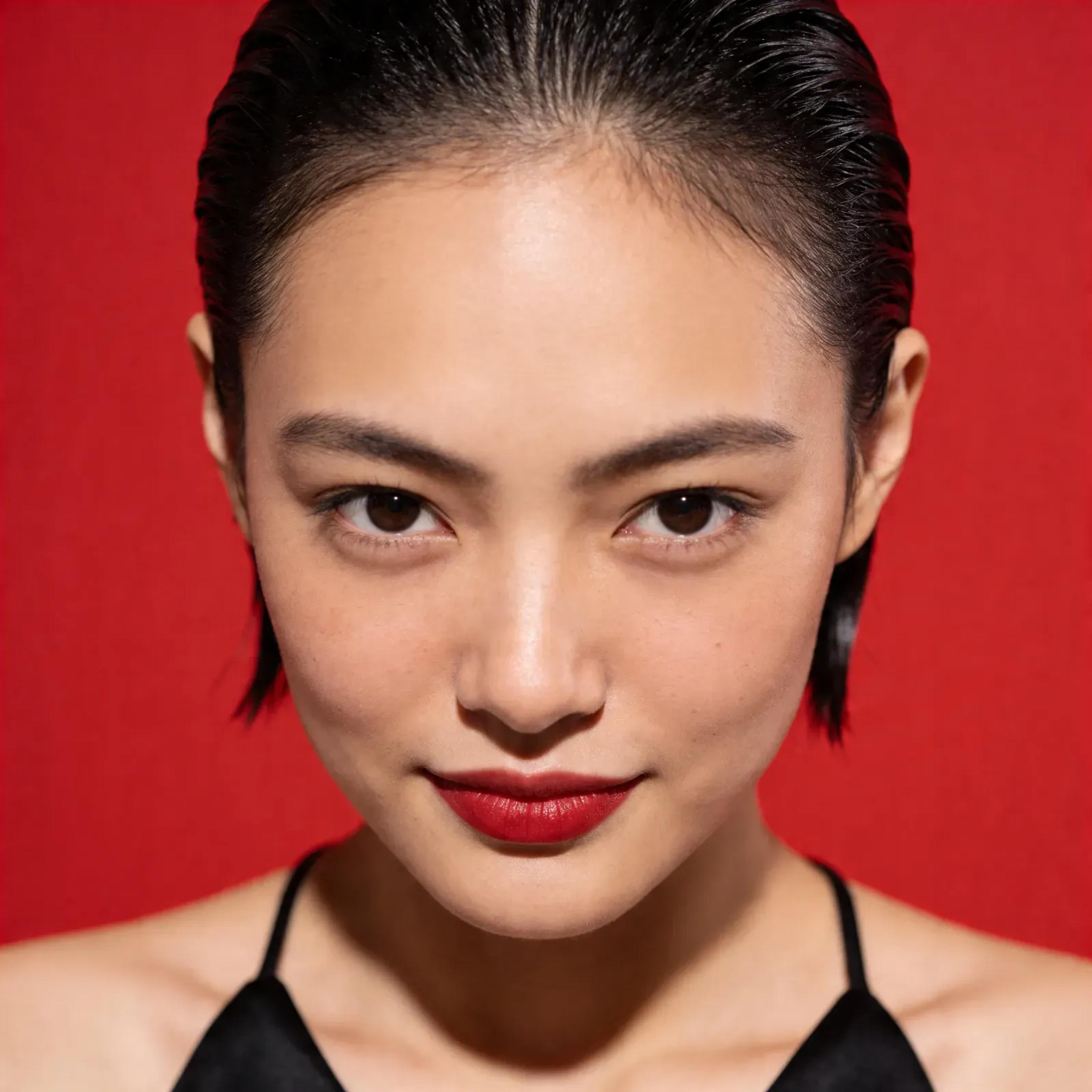 Fotorealistisches weibliches KI-Model mit rotem Hintergrund und Make-up Look, Beauty Porträt, Trickhouse KI-Model-Agentur