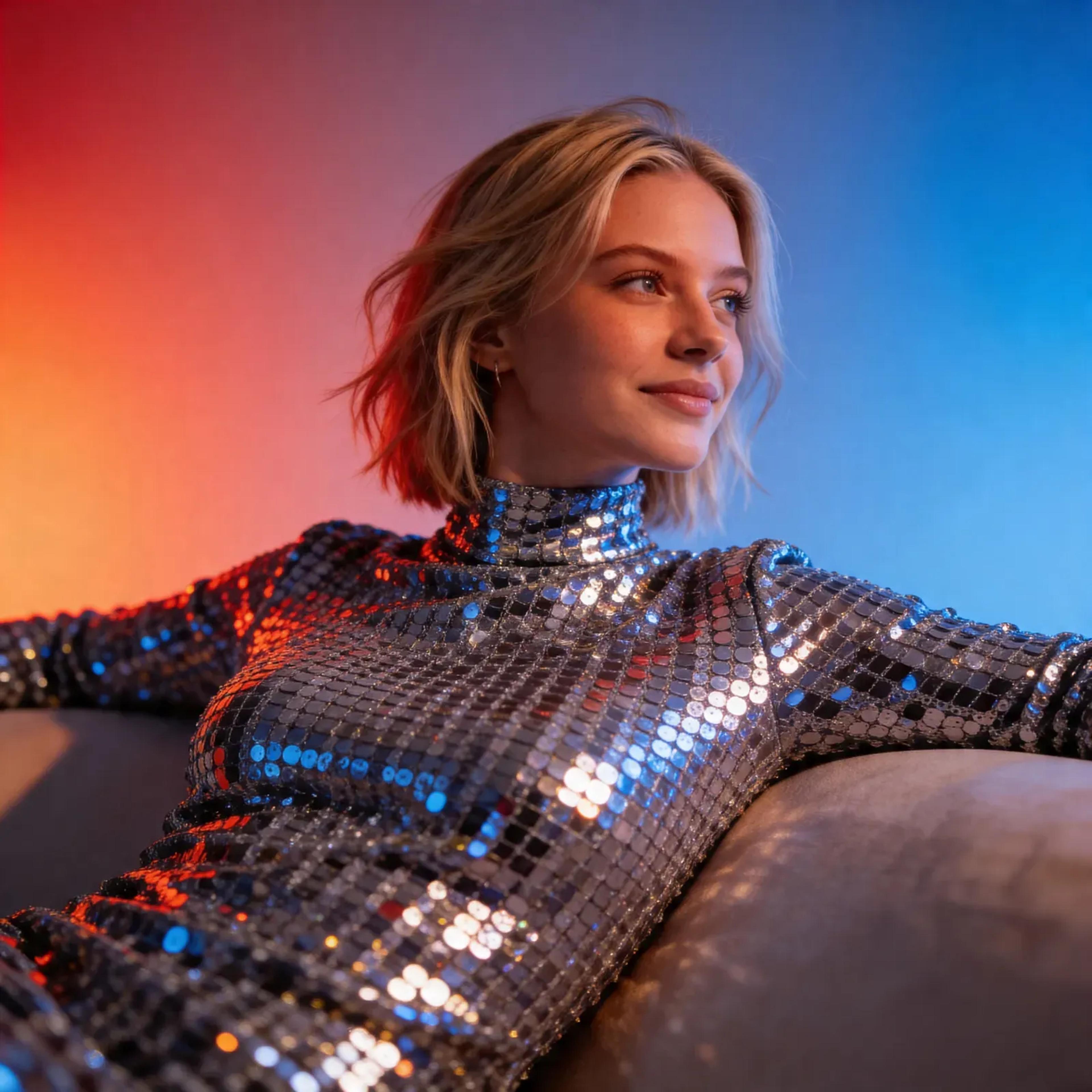 Fotorealistisches weibliches KI-Model im glitzernden Kleid mit farbigem Licht, Fashion Porträt, Trickhouse KI-Model-Agentur