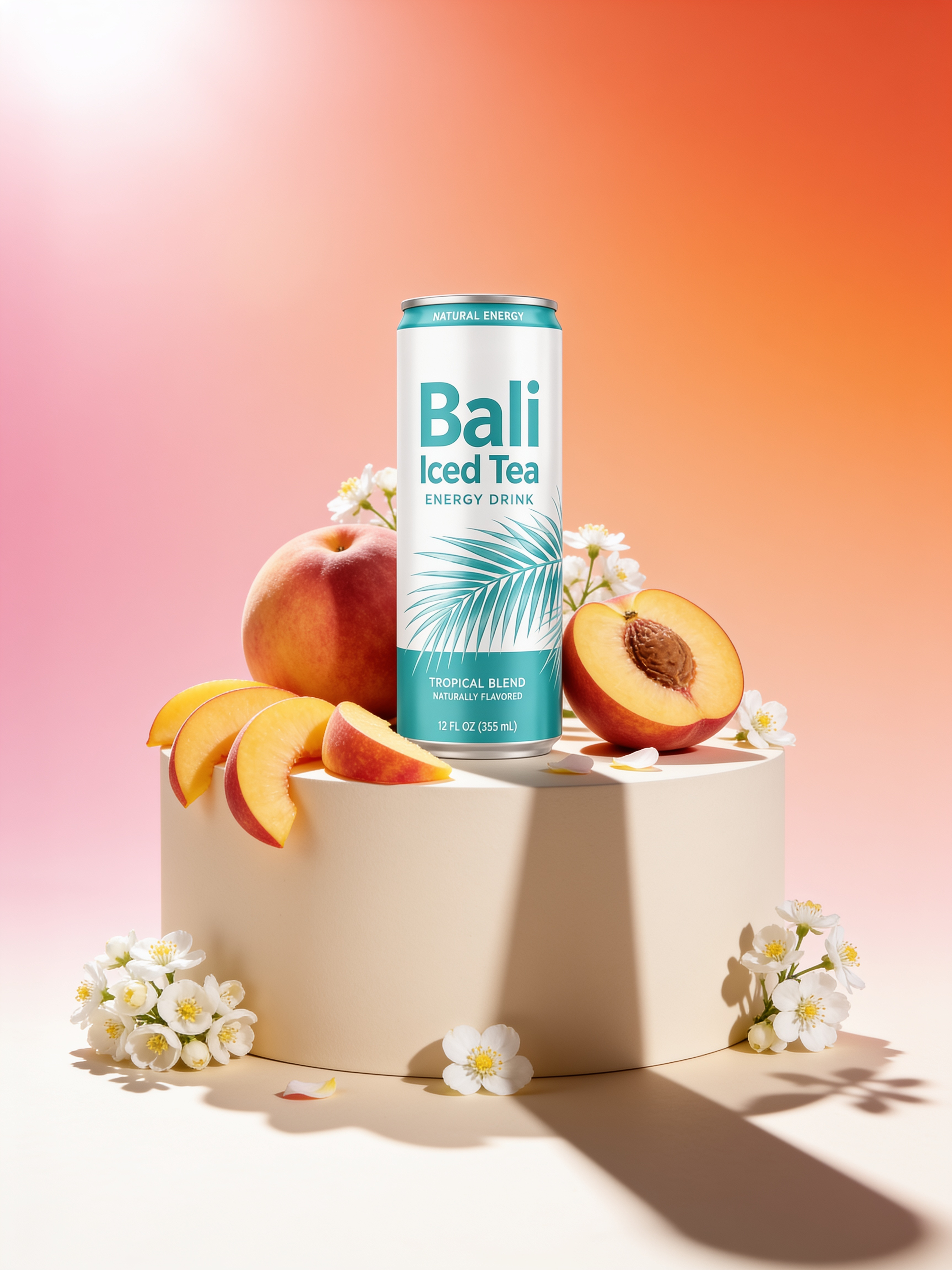 Getränkedose auf einem Podest mit Pfirsichhälften und Blüten vor orangefarbenem Hintergrund