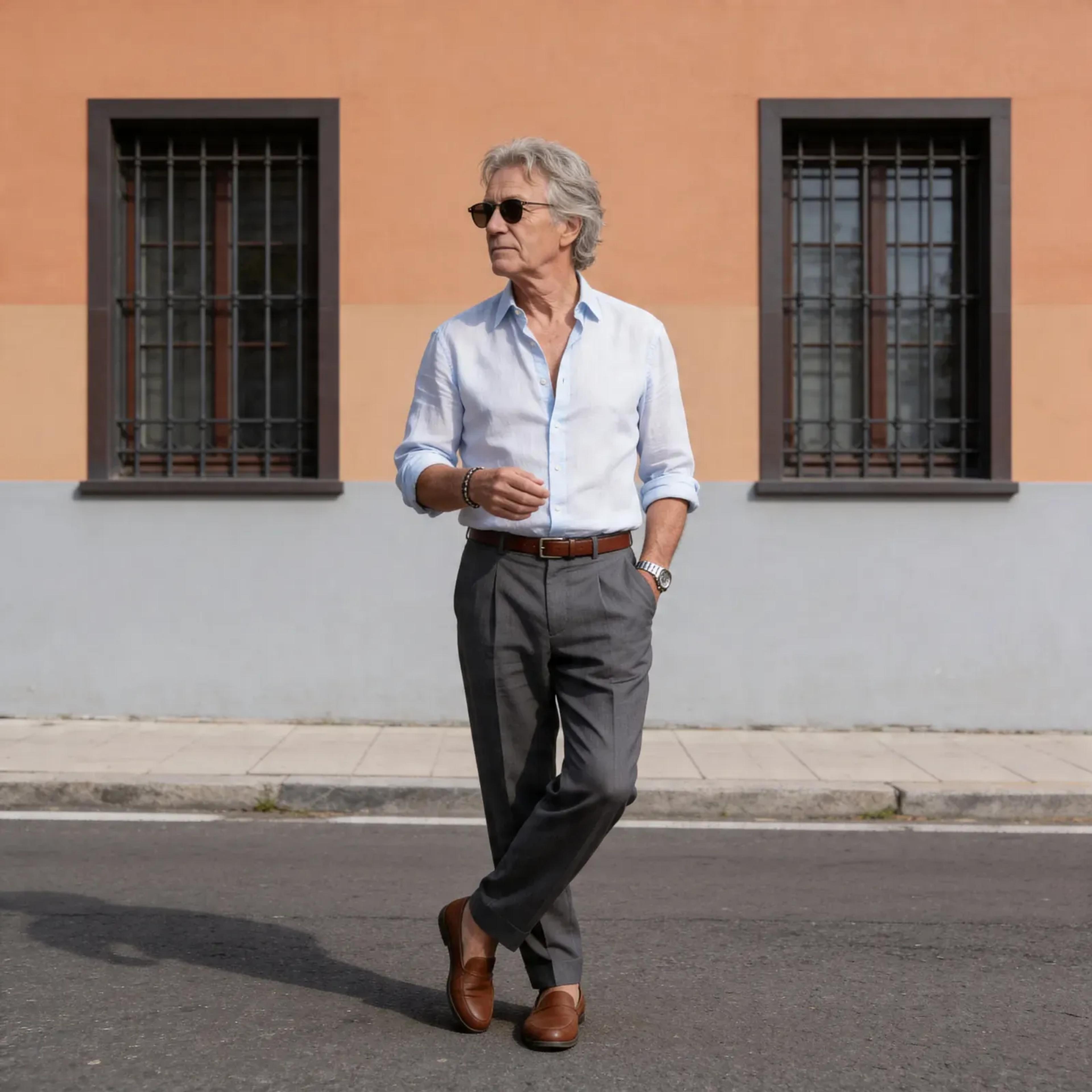 Fotorealistisches männliches KI-Model im Hemd läuft auf Straße vor Hausfassade, urbanes Lifestyle Porträt, Trickhouse KI-Model-Agentur