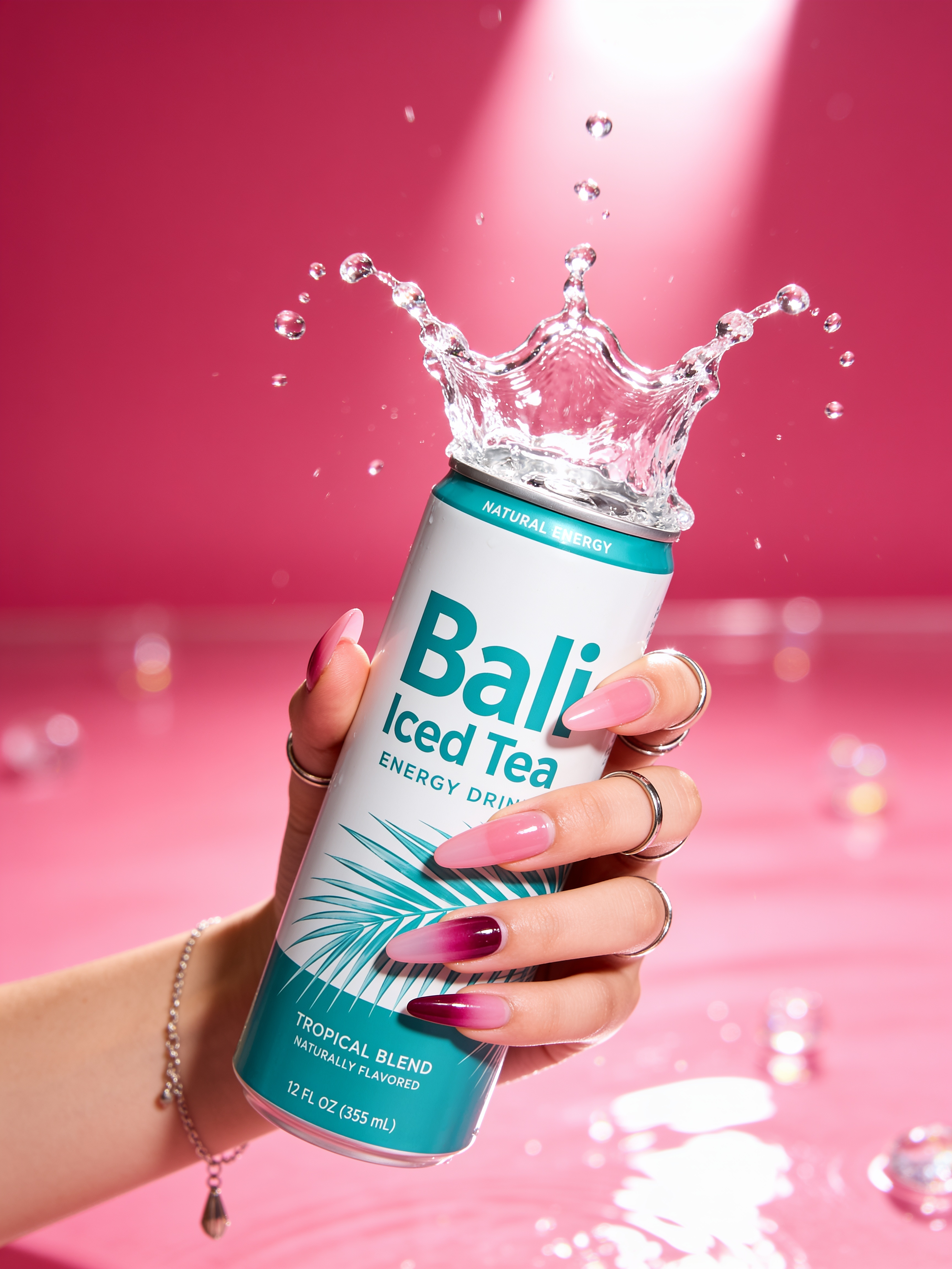 Hand hält eine Getränkedose mit Wasserspritzer vor pinkem Hintergrund