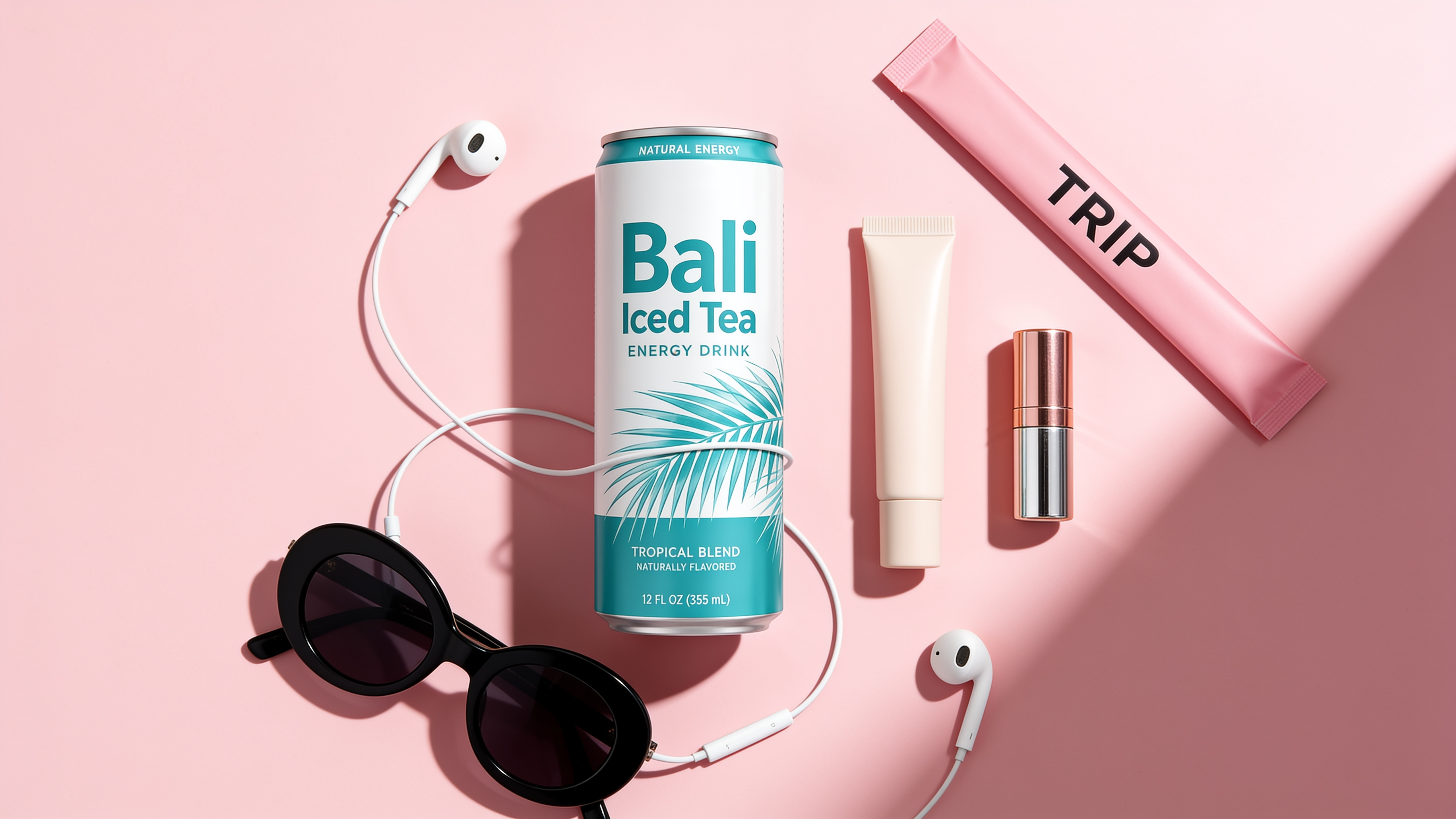 Flatlay einer Getränkedose mit Sonnenbrille, Kopfhörern und Kosmetik auf rosa Hintergrund