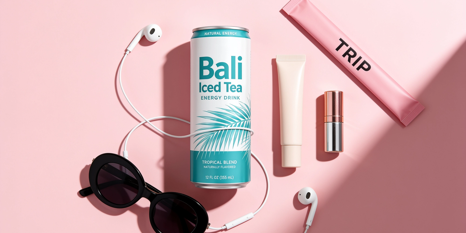 Flatlay einer Getränkedose mit Sonnenbrille, Kopfhörern und Kosmetik auf rosa Hintergrund