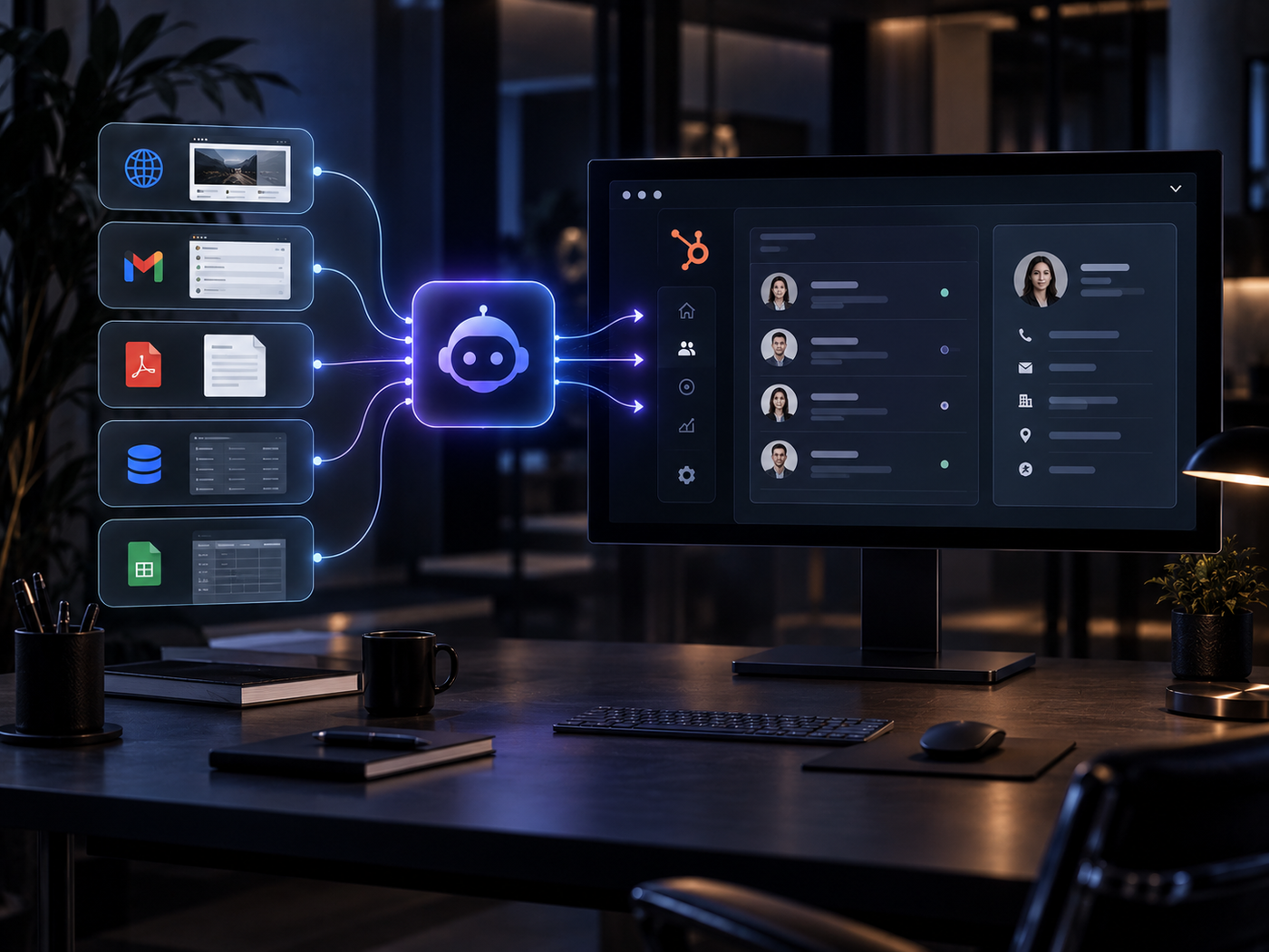 KI-Agent verbindet Dokumente, E-Mails und Datenquellen mit einer CRM-Oberfläche auf einem Monitor