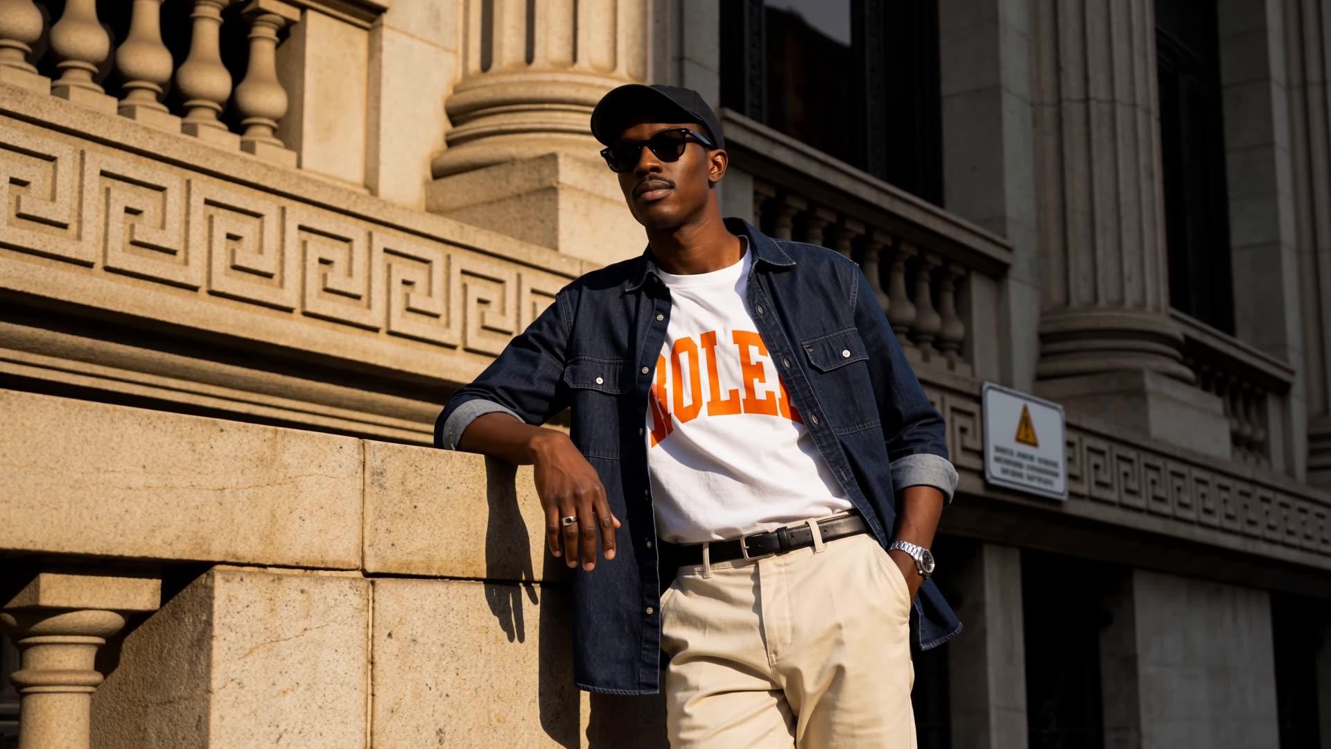 Model with a cap, sunglasses and a denim shirt leaning on a stone balustrade in front of a neoclassical building