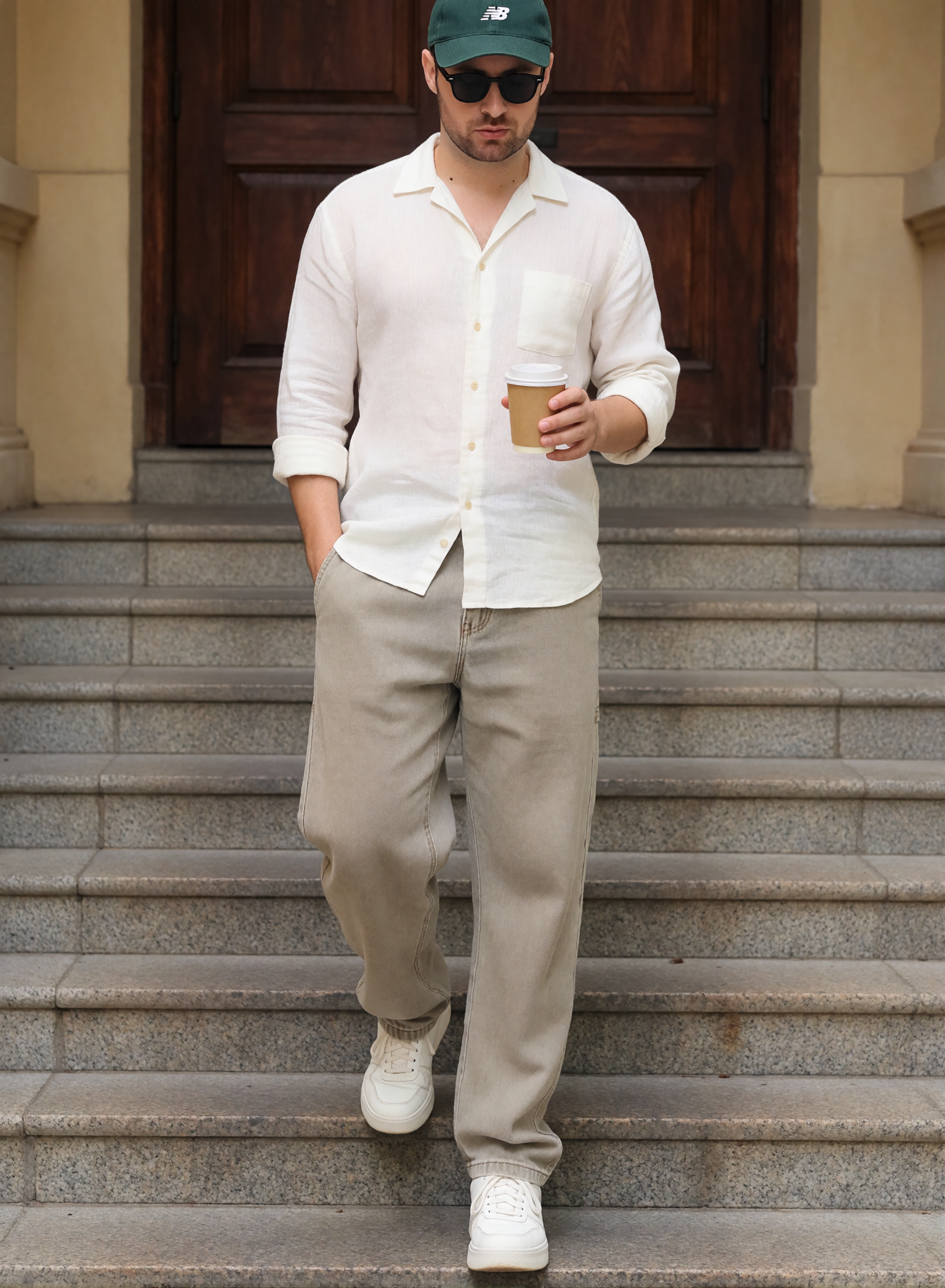 Digitaler Zwilling von Bruno Dias mit weißem Hemd, heller Hose, Sonnenbrille und Kappe beim Hinabsteigen einer Steintreppe mit Kaffeebecher.