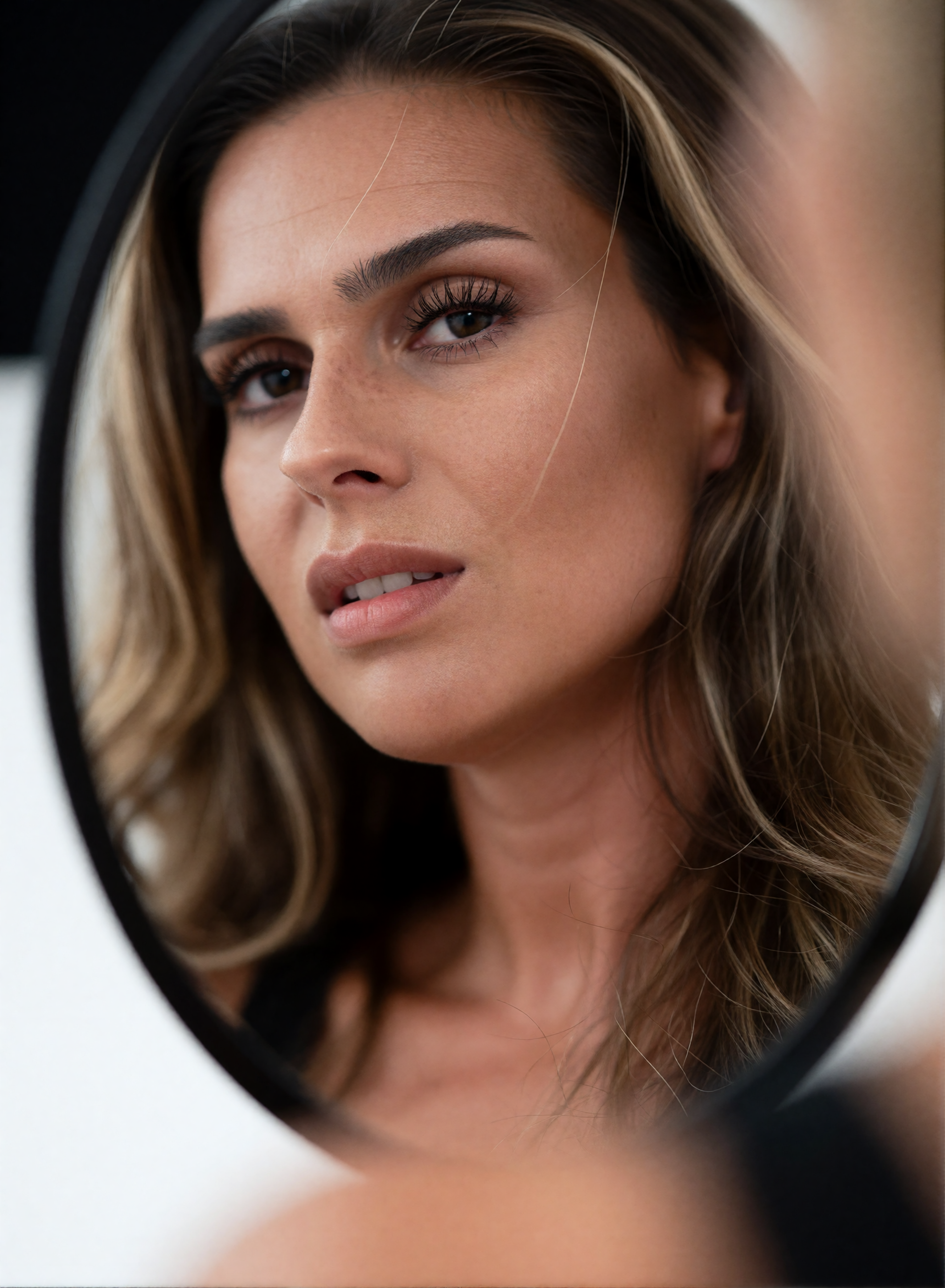 Digitaler Zwilling von Nicole Funken in einer Beauty-Nahaufnahme vor einem runden Spiegel mit natürlichem Make-up.