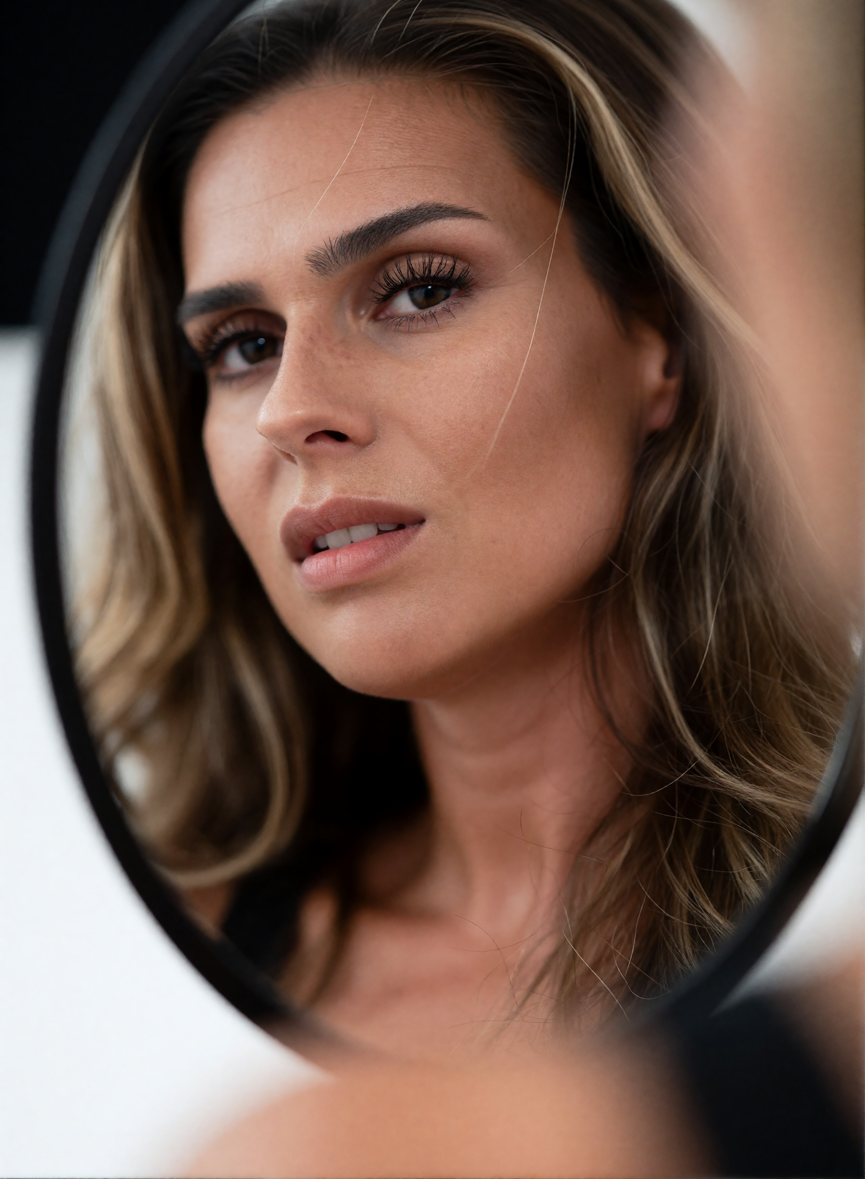 Digitaler Zwilling von Nicole Funken in einer Beauty-Nahaufnahme vor einem runden Spiegel mit natürlichem Make-up.