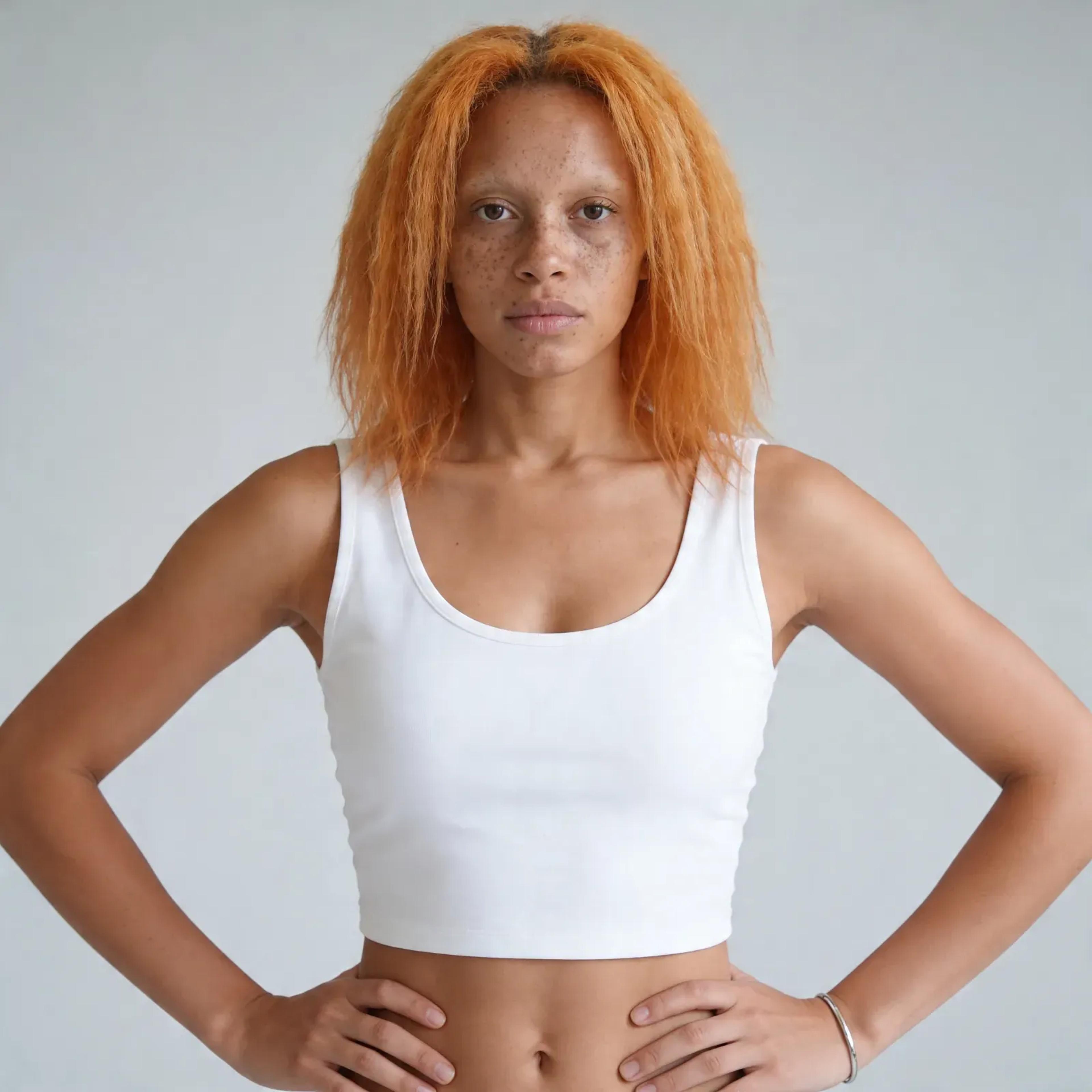 Fotorealistisches weibliches KI-Model mit orangefarbenem Haar im weißen Top, Studio Porträt, Trickhouse KI-Model-Agentur