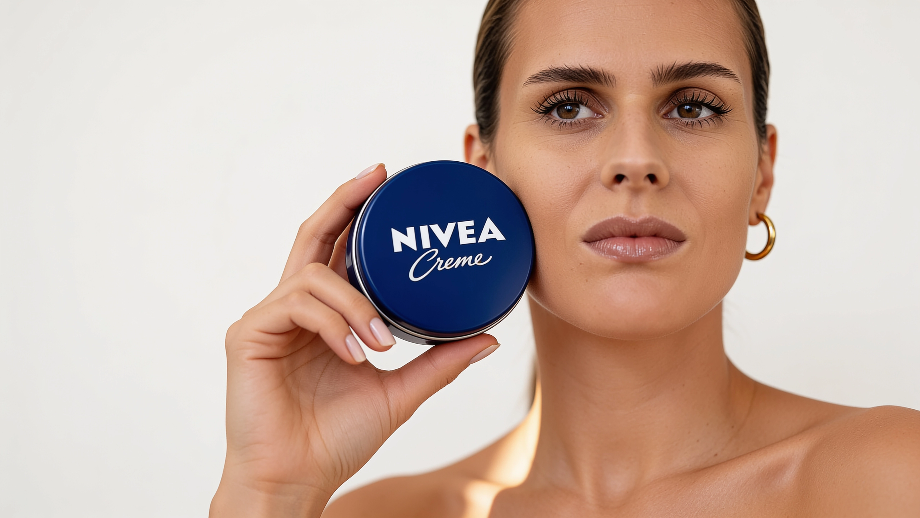 KI-Model hält eine blaue Cremedose neben das Gesicht, Blick in die Kamera