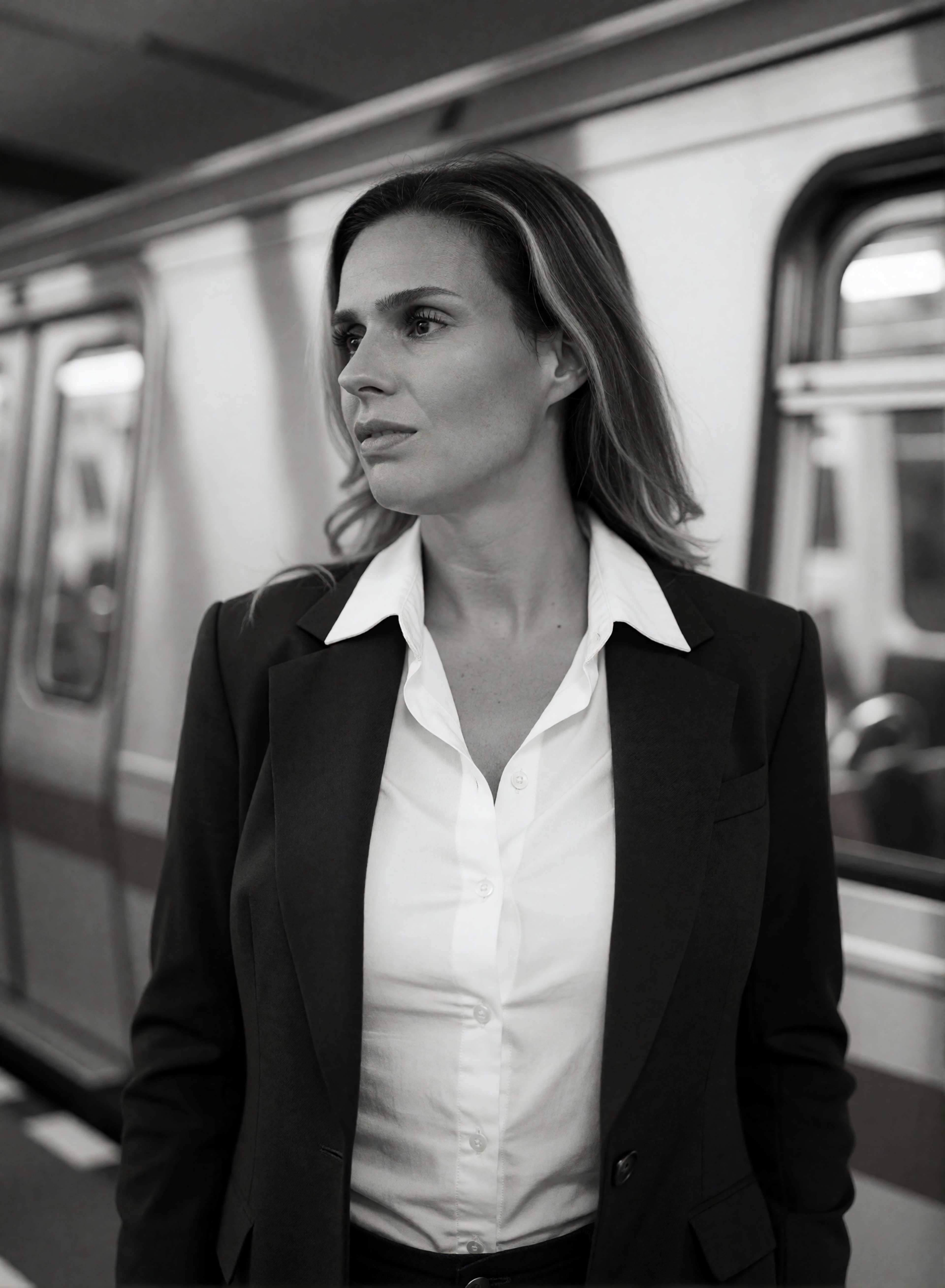 Digital twin of Nicole Funken in a black business suit and white blouse in front of a subway train in black-and-white style.
