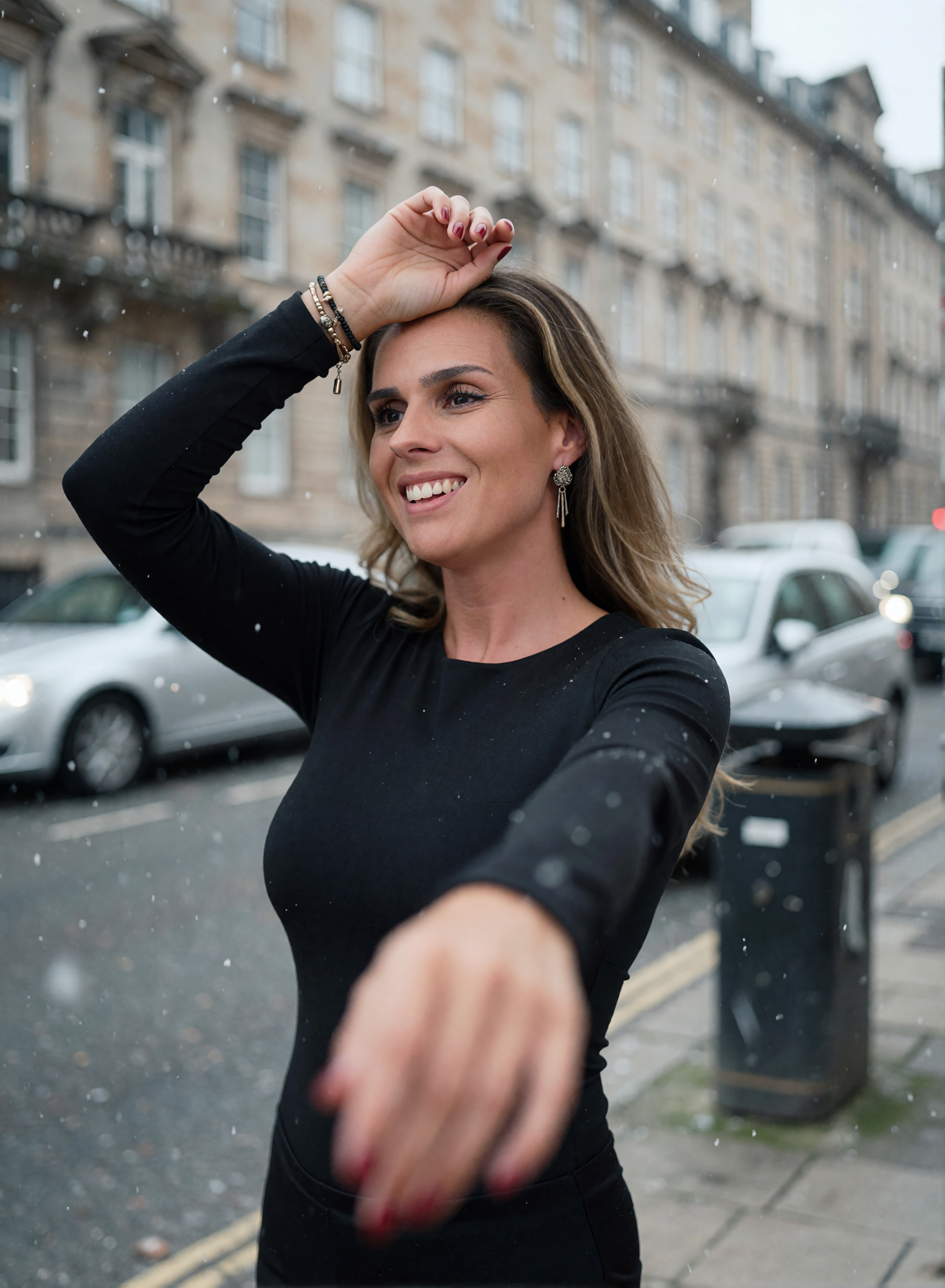 Digital twin of Nicole Funken in a black dress at a photo shoot on a snowy city street.