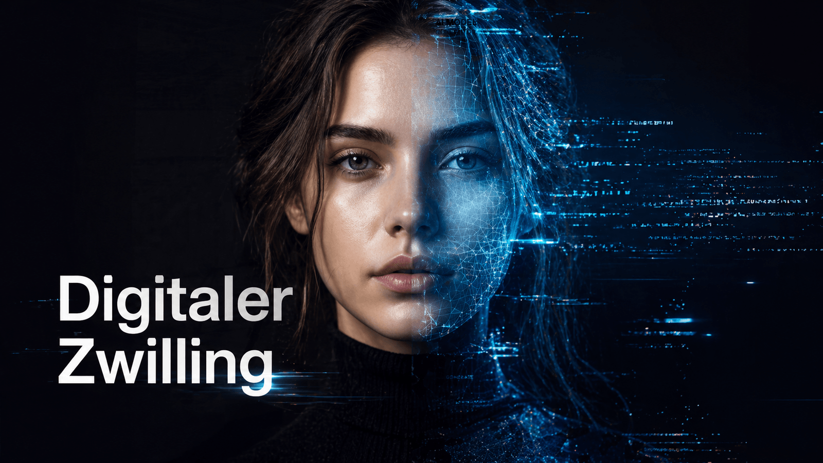 Titelgrafik „Digitaler Zwilling“: Porträt einer Frau, deren Gesicht in blaue Datenpartikel übergeht