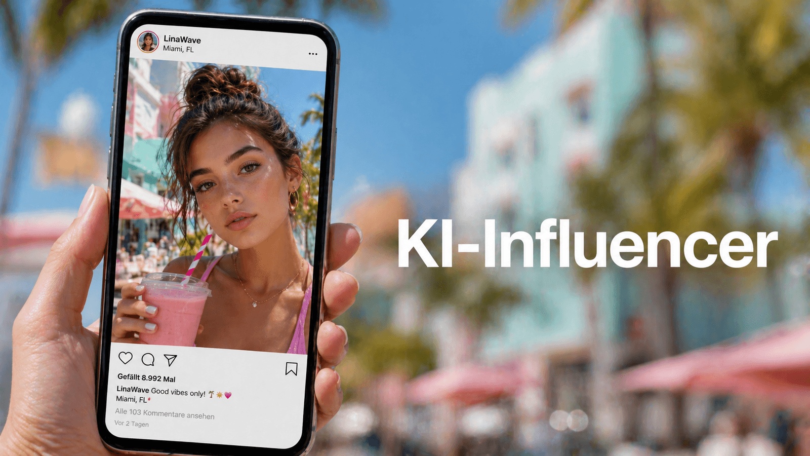 Titelgrafik „KI-Influencer“: Smartphone mit dem Instagram-Profil eines KI-Models vor Strandkulisse