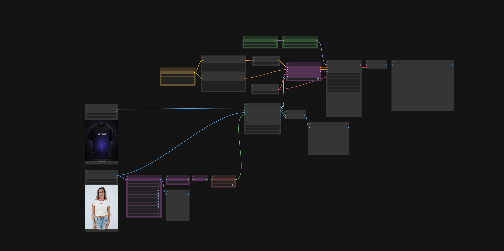 Nodebasierter KI-Workflow: verbundene Knoten mit dem Vorschaubild eines Models
