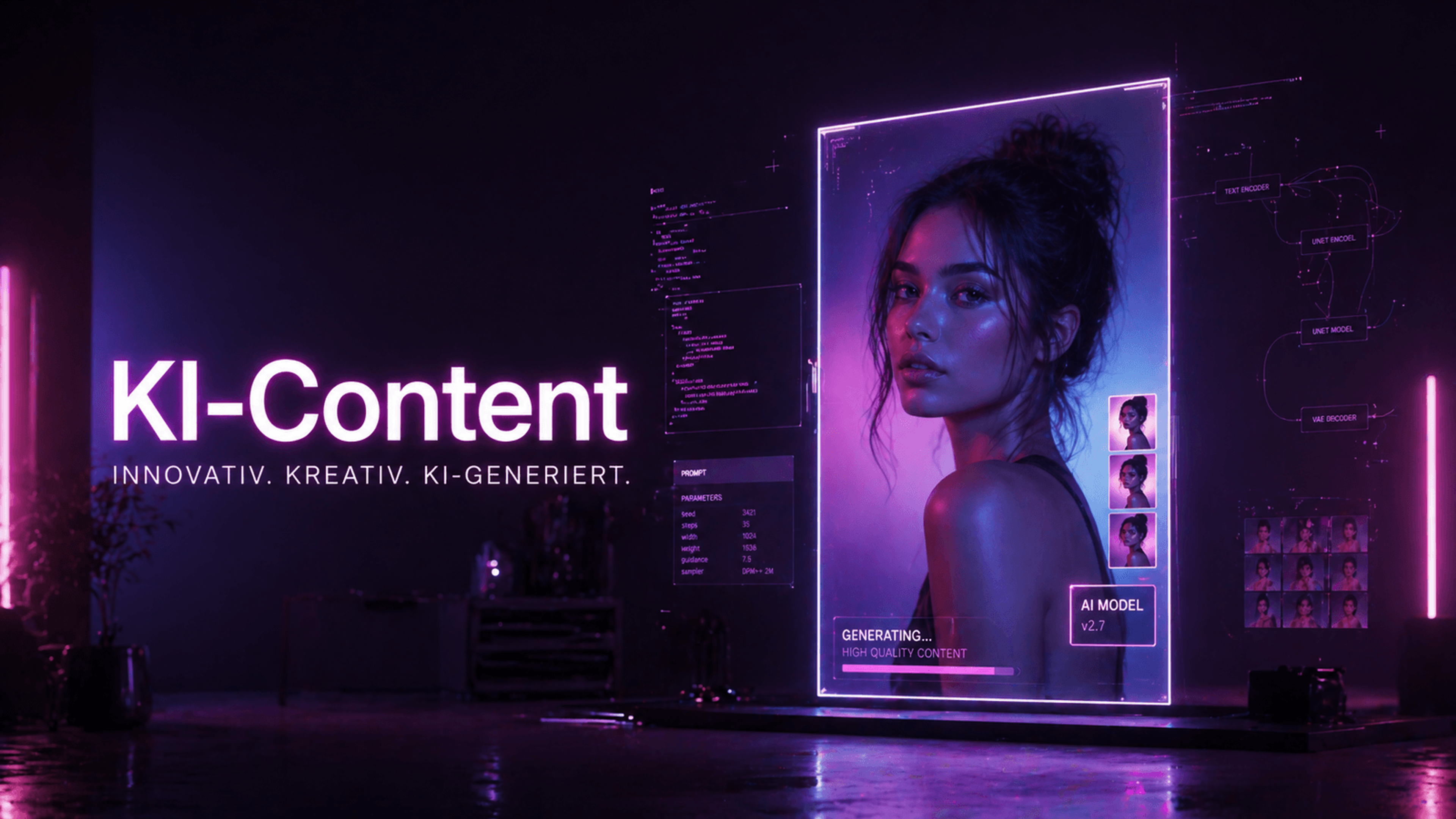 Titelgrafik „KI-Content“: Porträt eines KI-Models in violettem Neonlicht