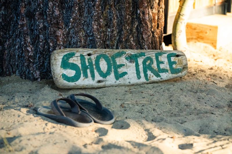 A Shoe Tree sign and flip-flops in the sand